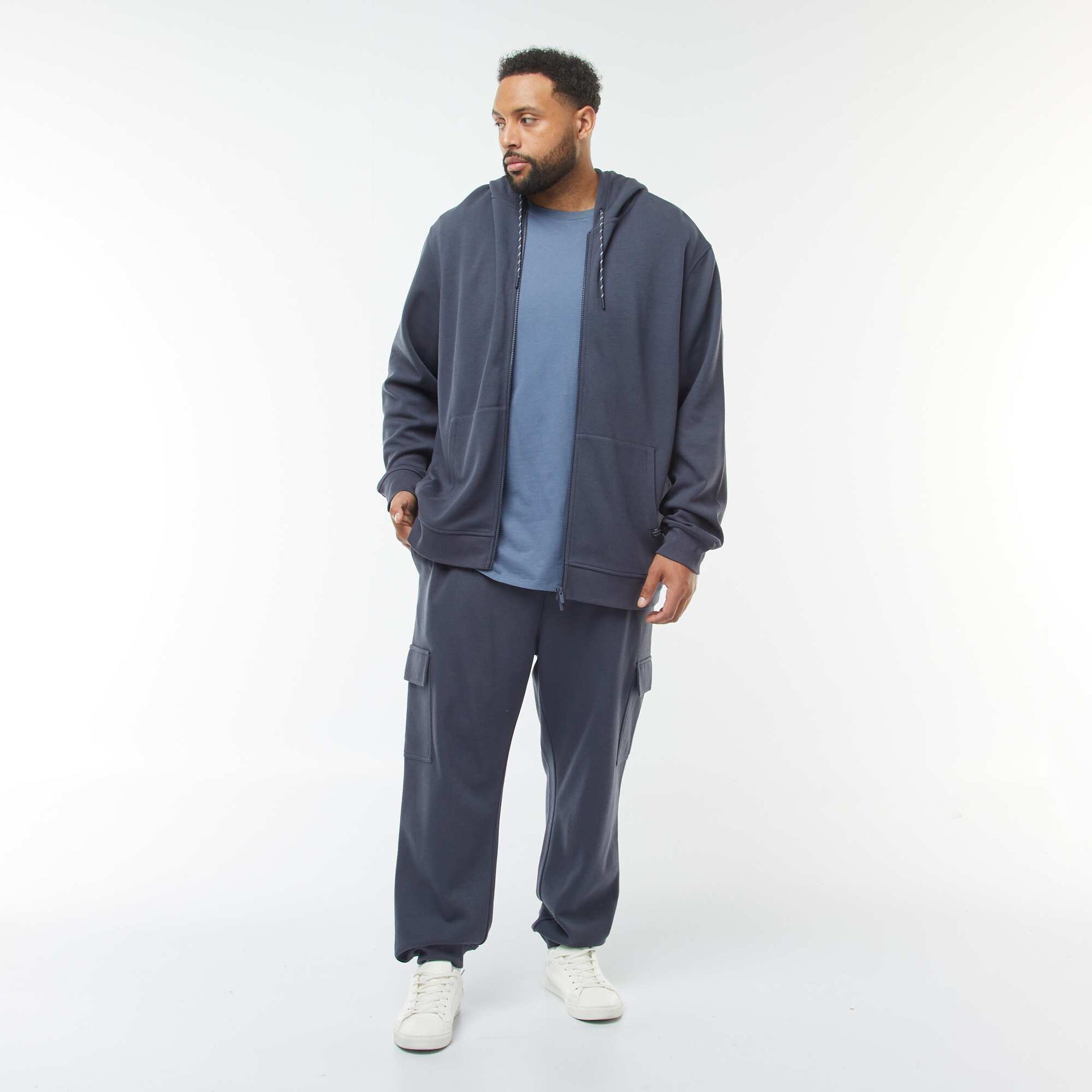 Sweat en maille piquée avec ouverture zippée et capuche BLEU
