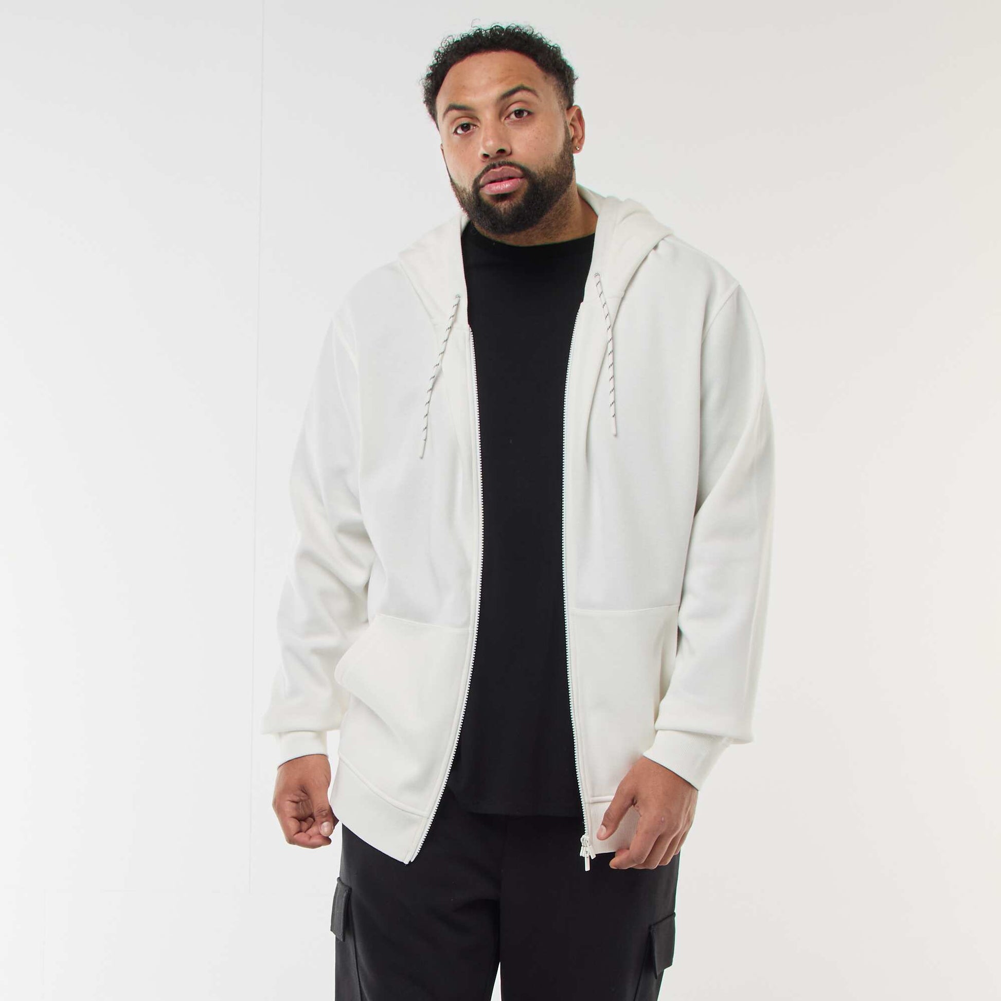 Sweat en maille piquée avec ouverture zippée et capuche BLANC