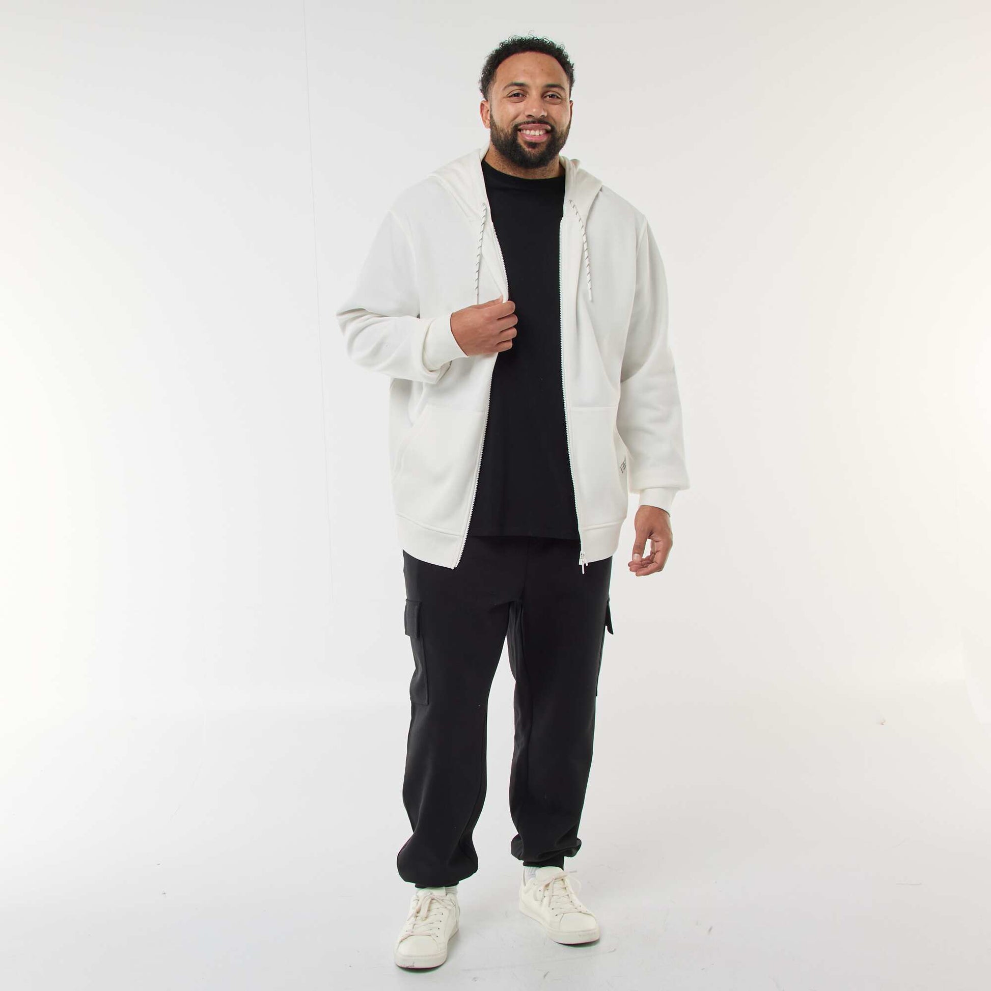 Sweat en maille piquée avec ouverture zippée et capuche BLANC