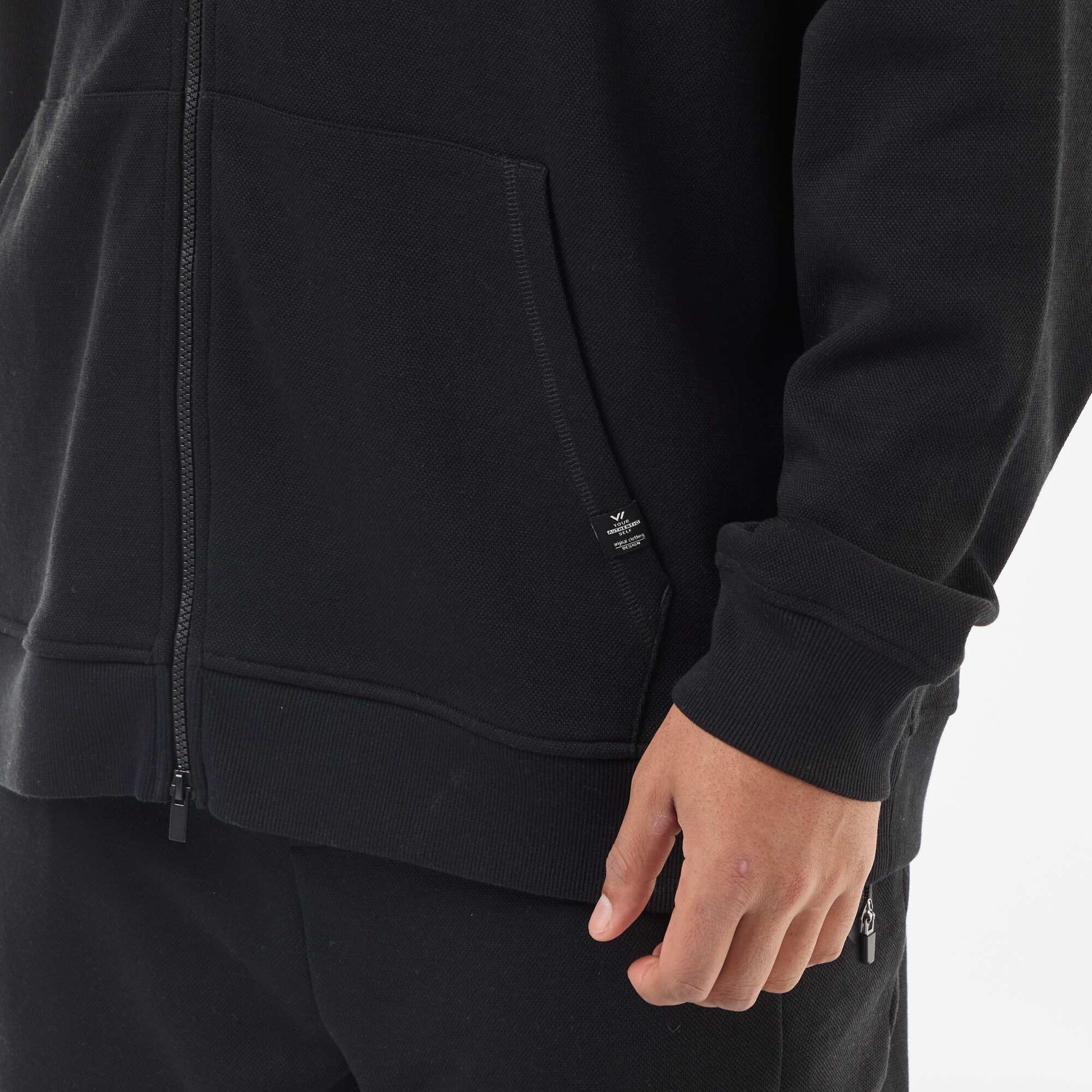 Sweat en maille piquée avec ouverture zippée et capuche NOIR