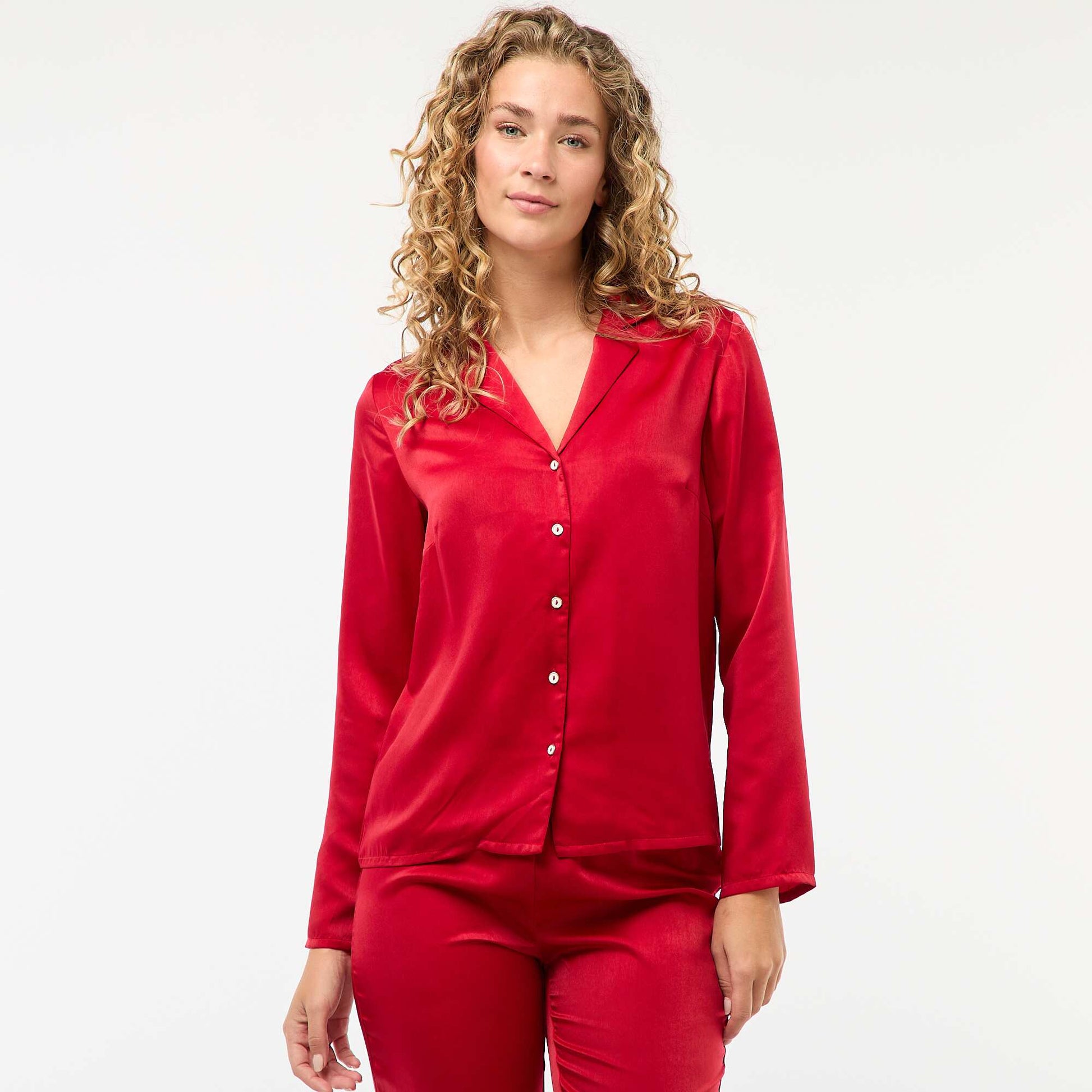 Pyjama long satinée chemisier + pantalon - 2 pièces ROUGE