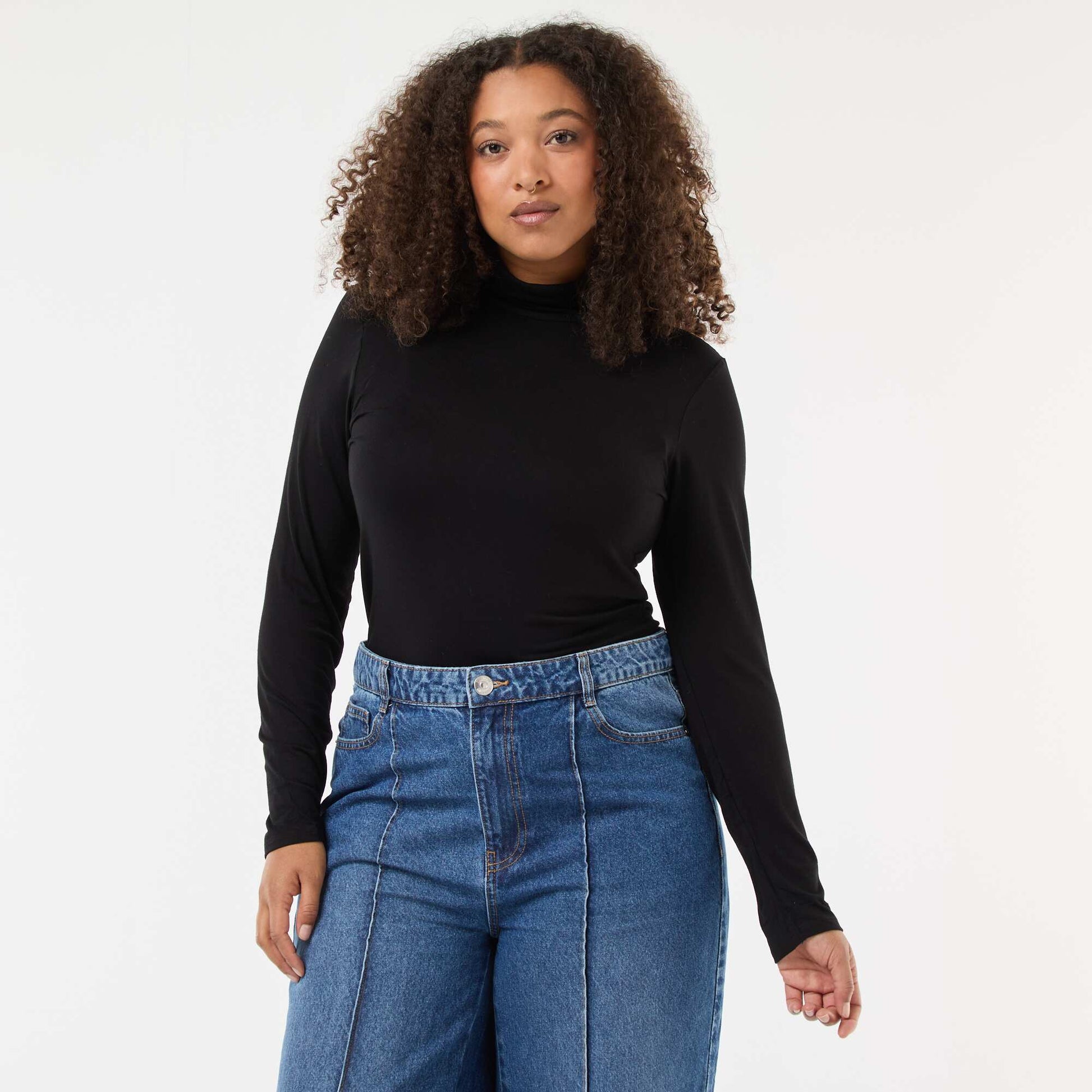 T-shirt manches longues col roulé uni NOIR