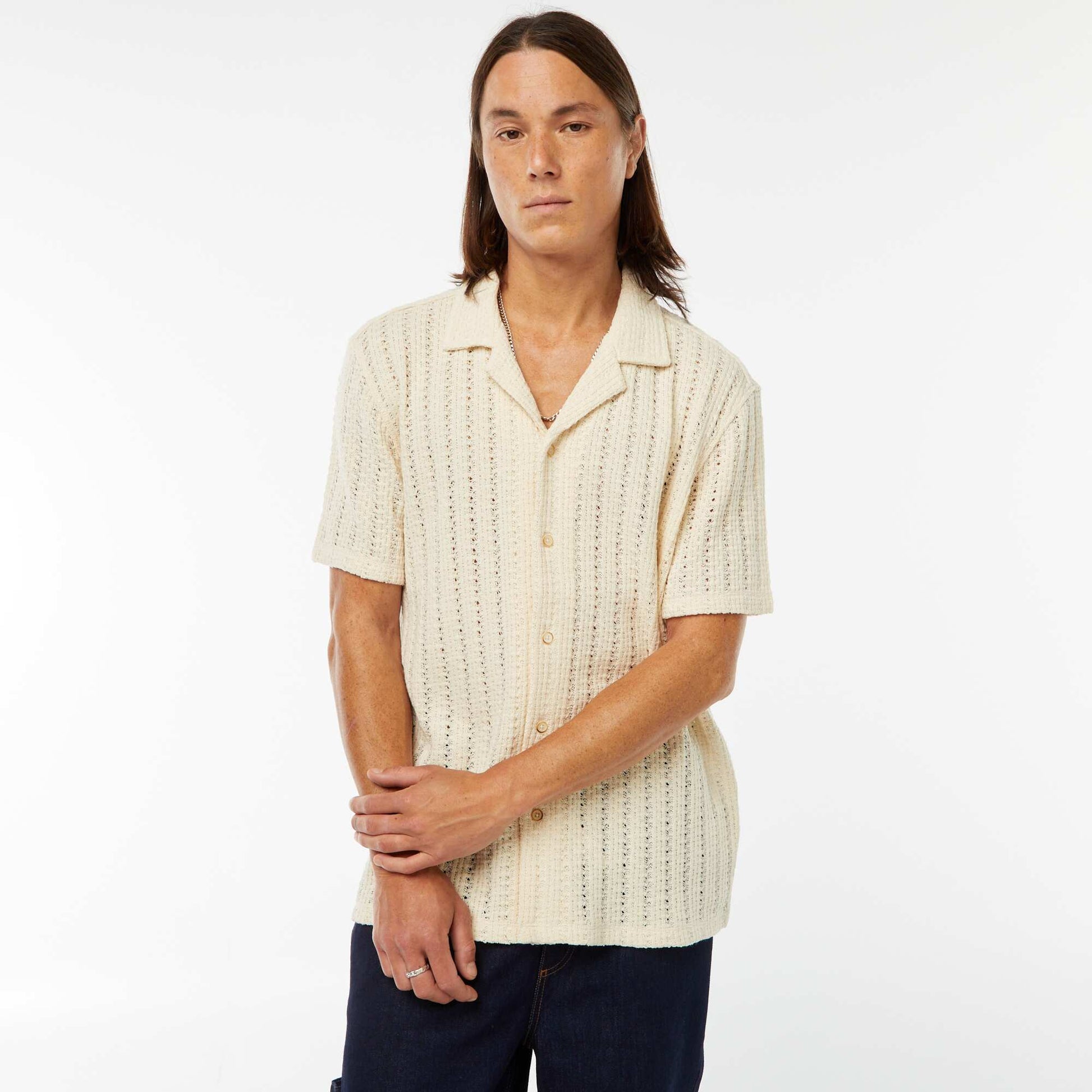 Chemise manches courtes en matière ajourée BLANC