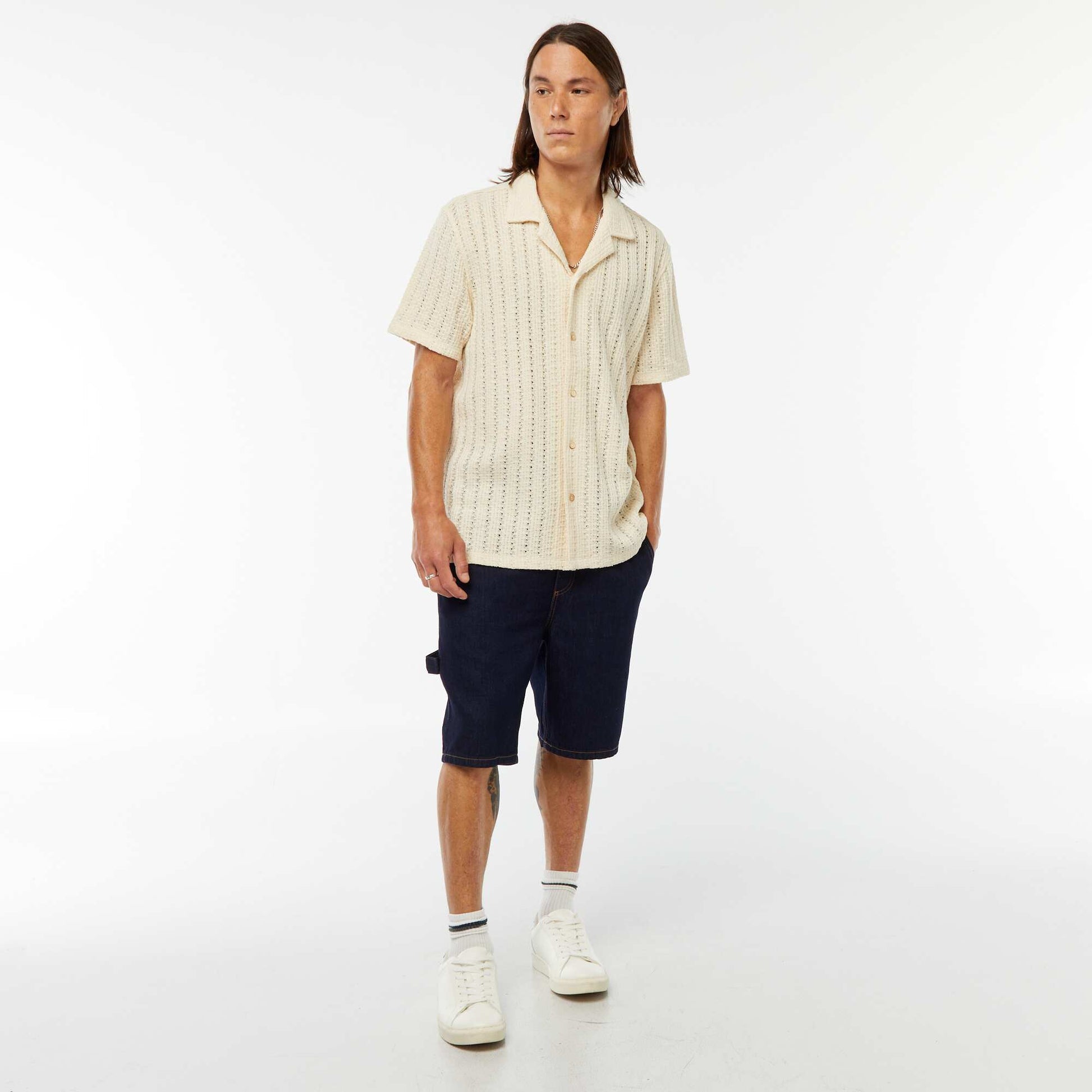 Chemise manches courtes en matière ajourée BLANC