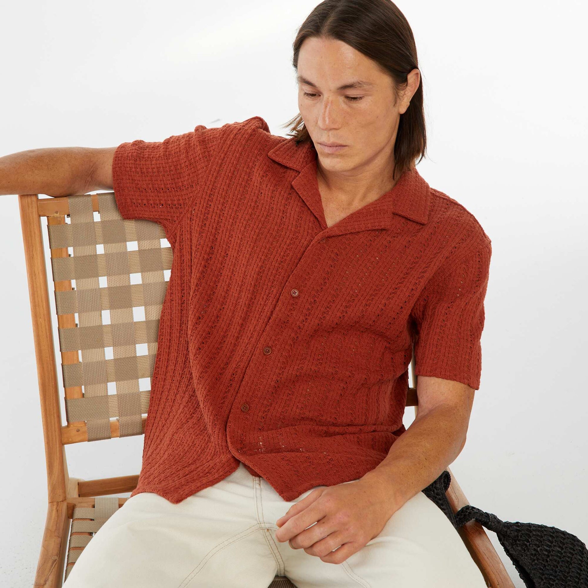 Chemise manches courtes en matière ajourée MARRON