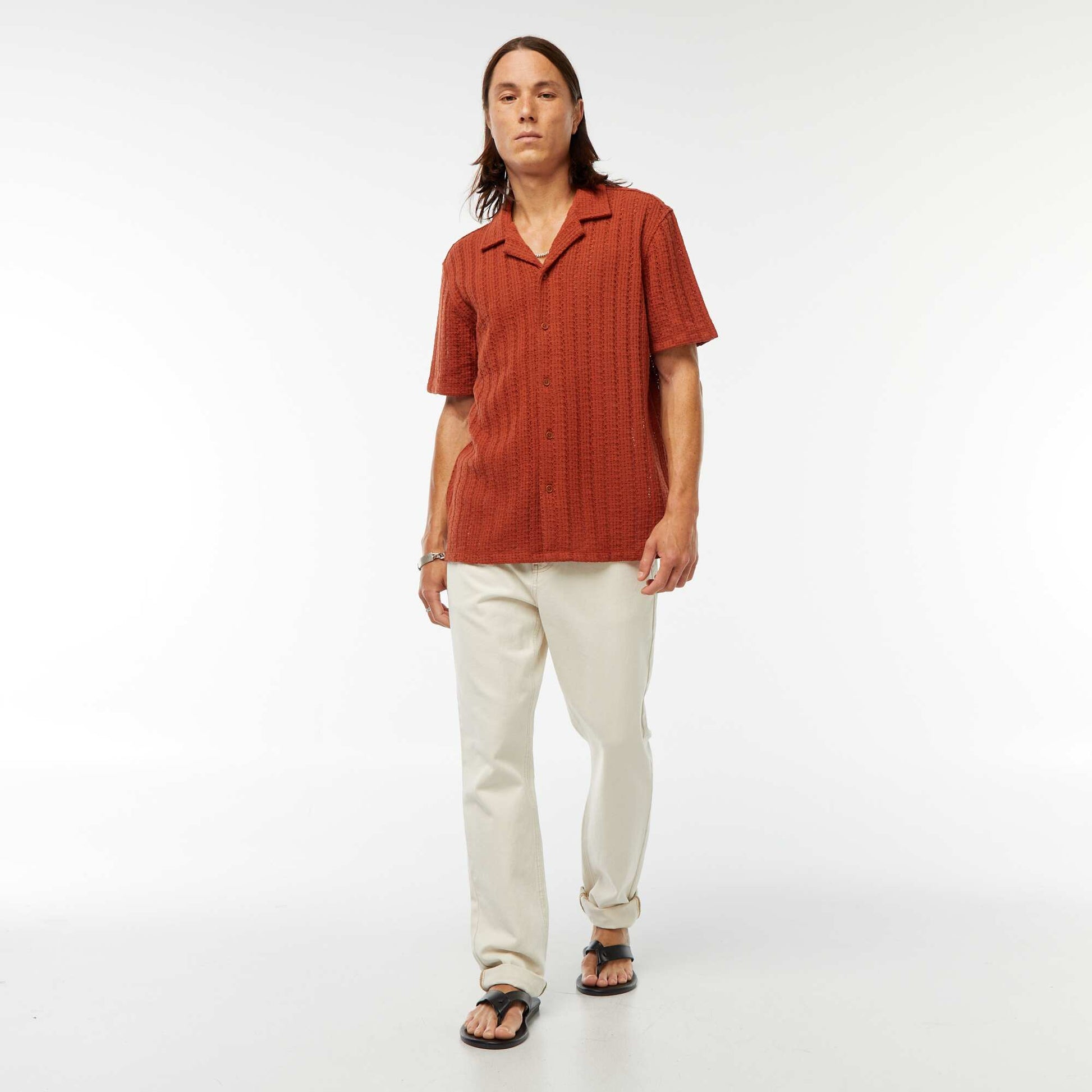 Chemise manches courtes en matière ajourée MARRON