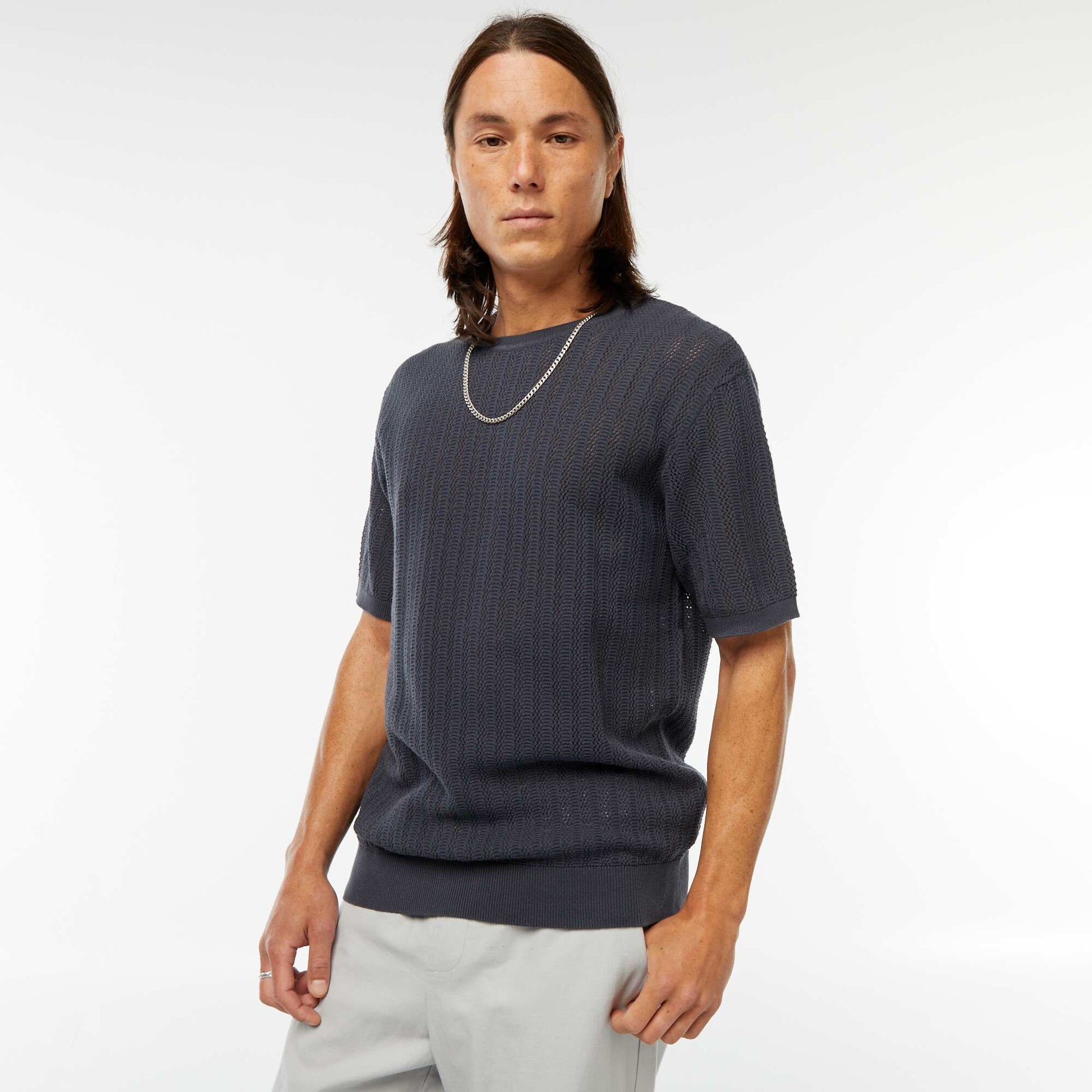 T-shirt en maille tricot à manches courtes BLEU