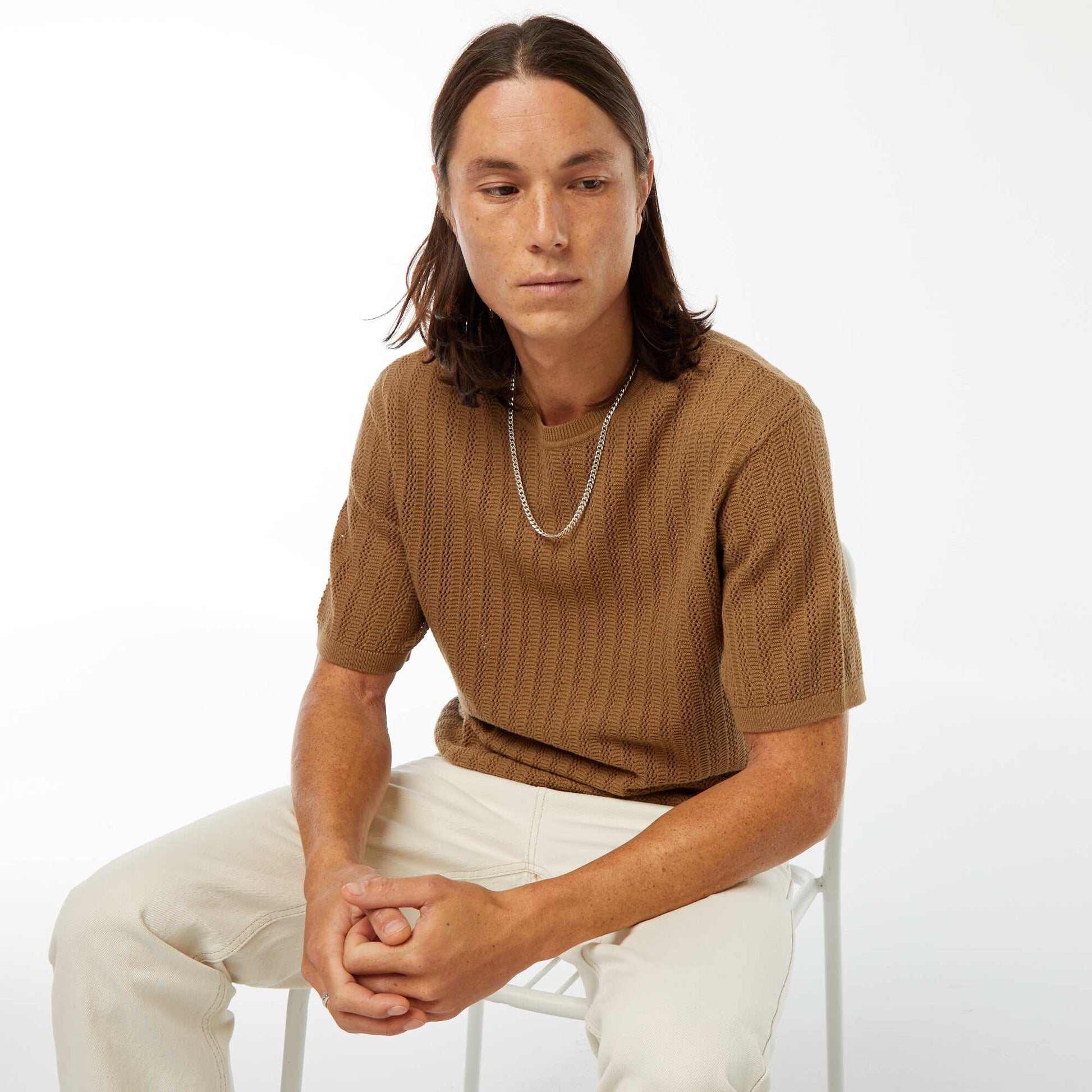 T-shirt en maille tricot à manches courtes MARRON