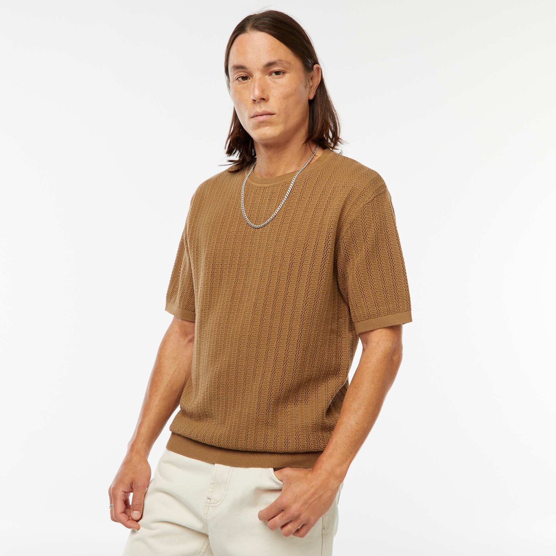 T-shirt en maille tricot à manches courtes MARRON