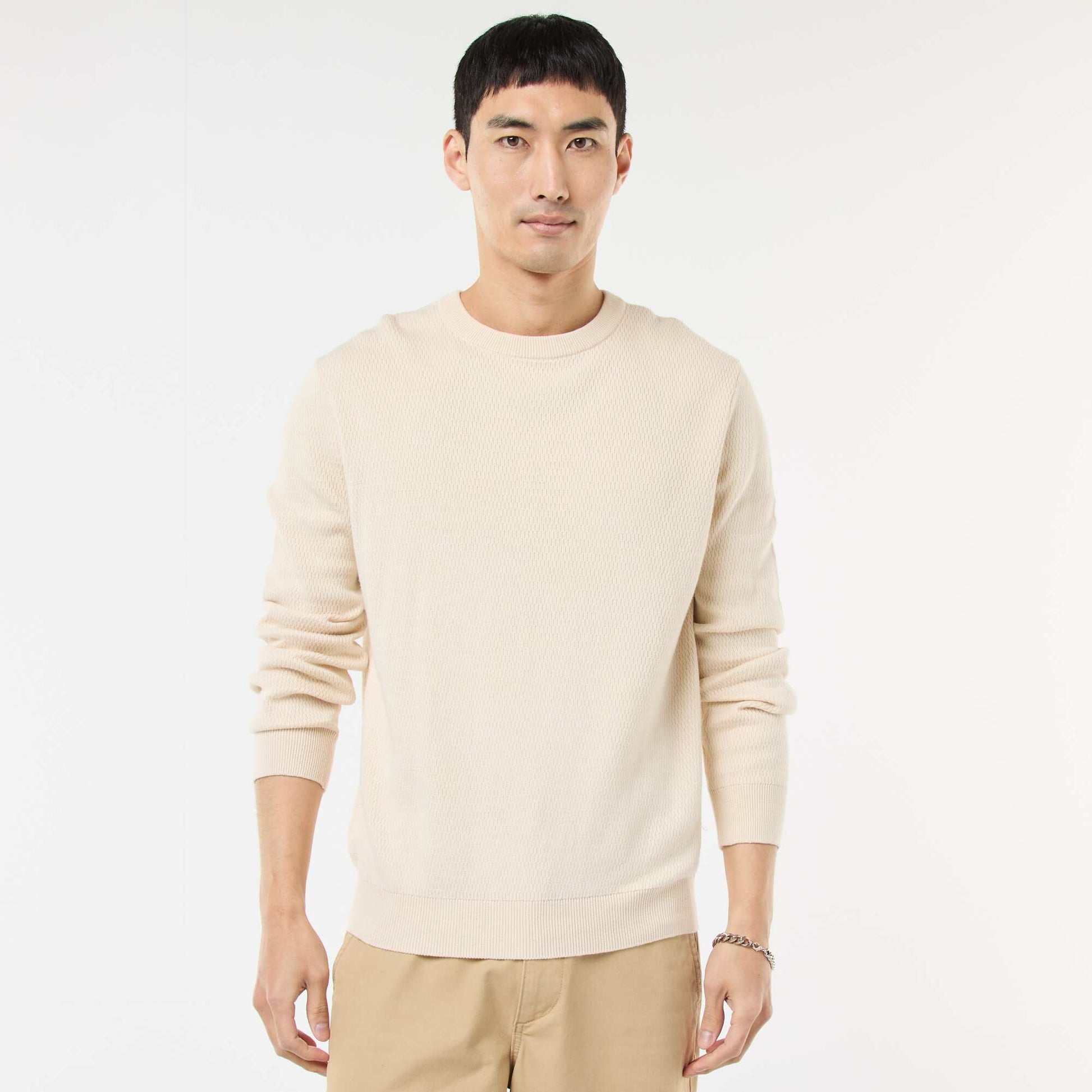 Pull en maille fantaisie à col rond BLANC