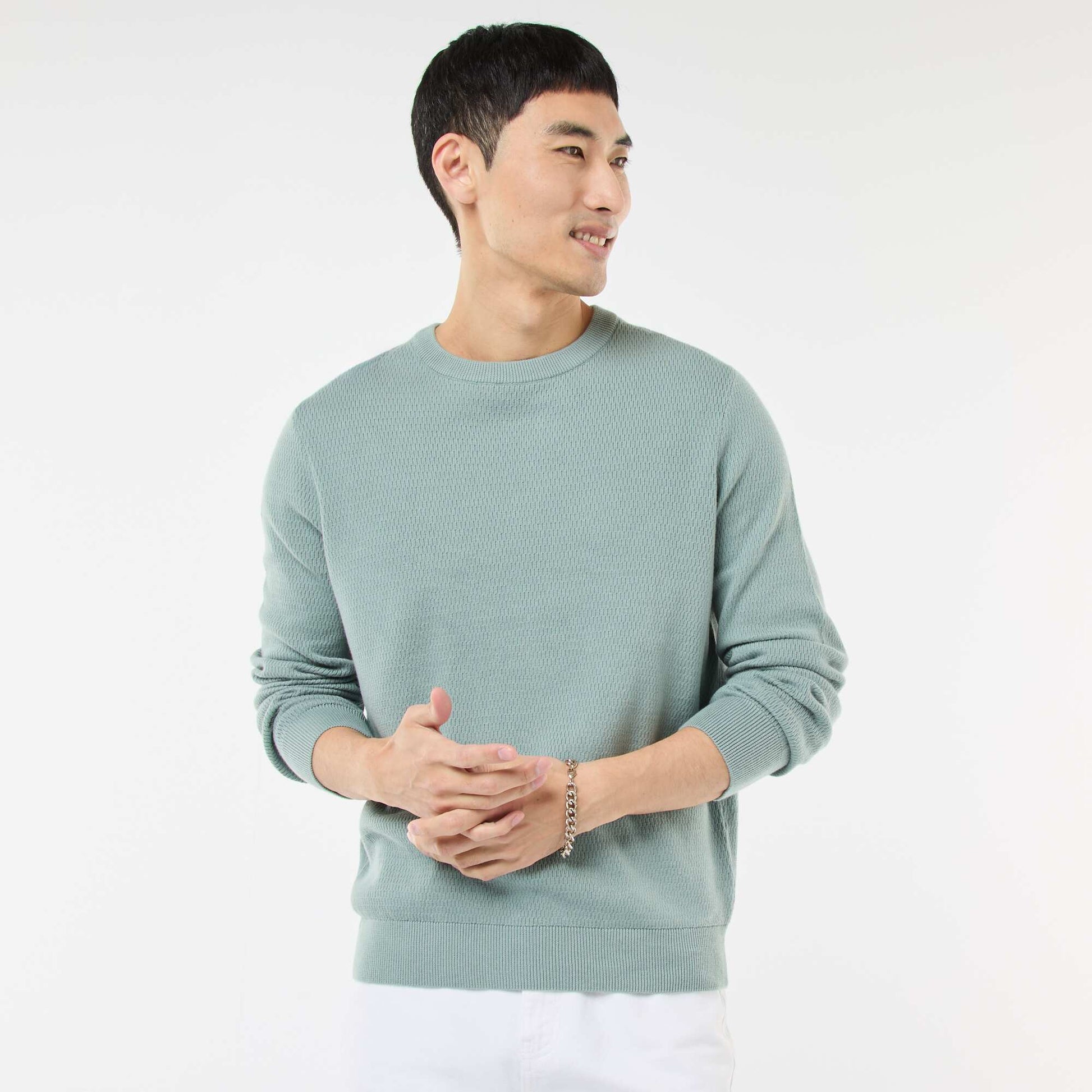 Pull en maille fantaisie à col rond BLEU