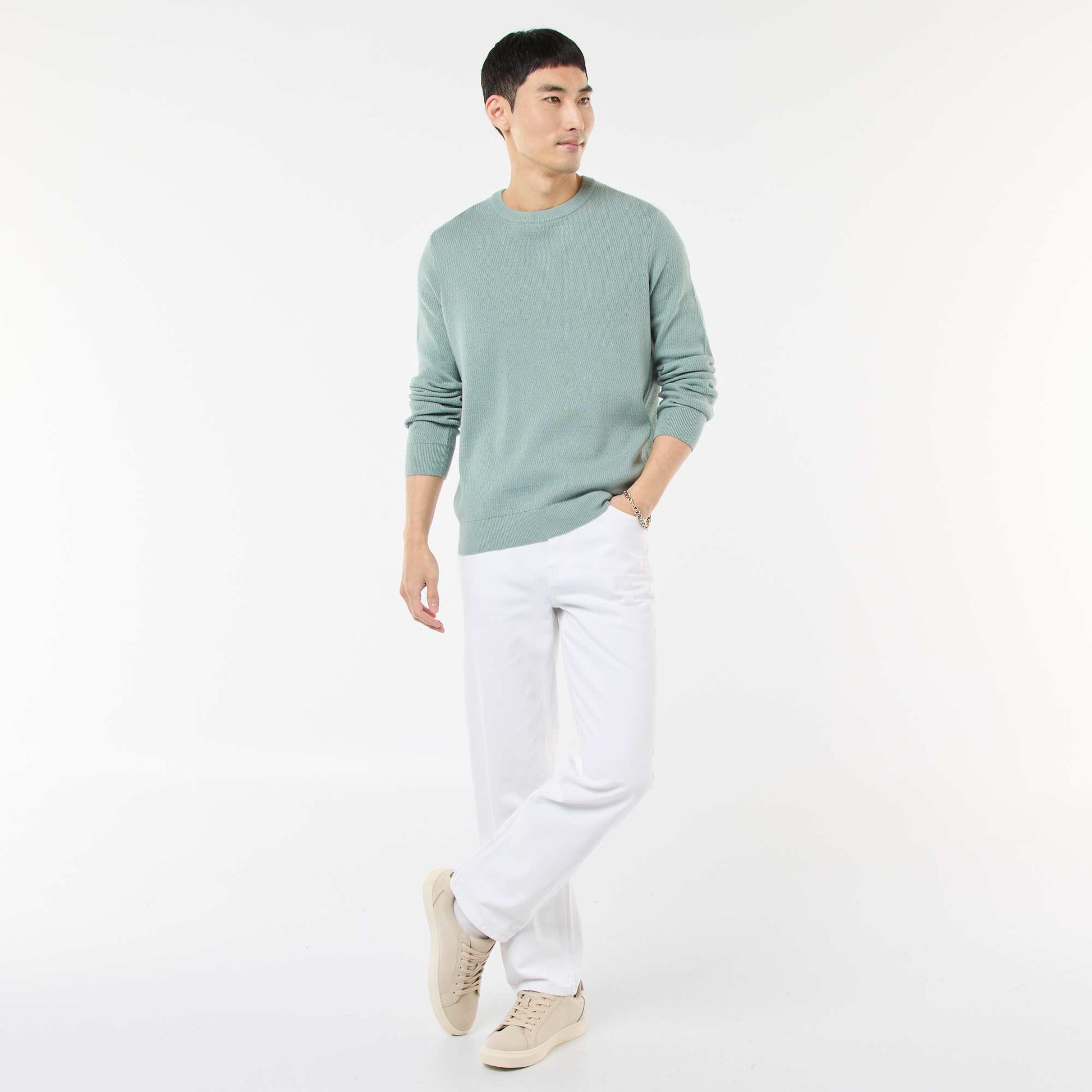 Pull en maille fantaisie à col rond BLEU