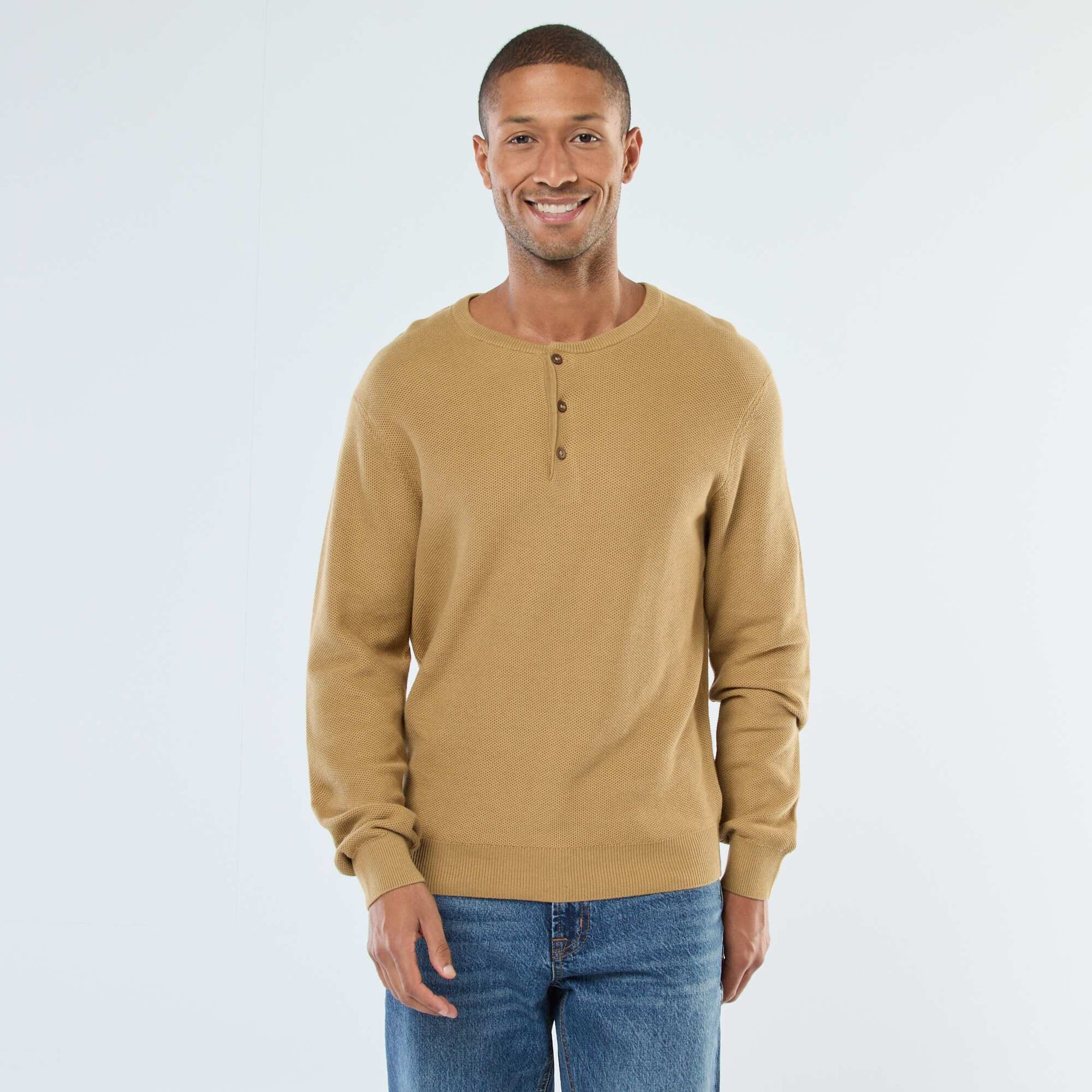Pull en maille fantaisie à col rond boutonné VERT