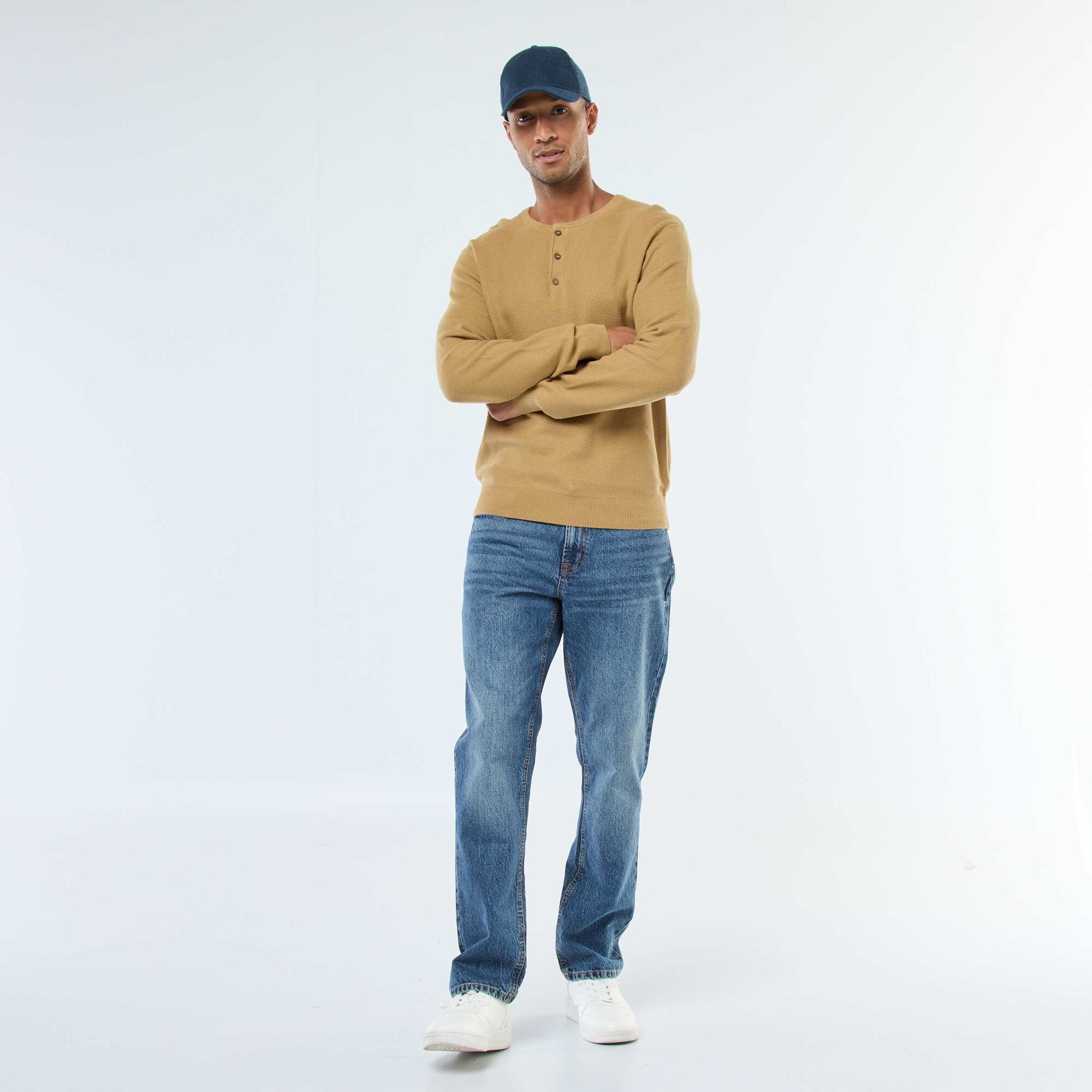 Pull en maille fantaisie à col rond boutonné VERT