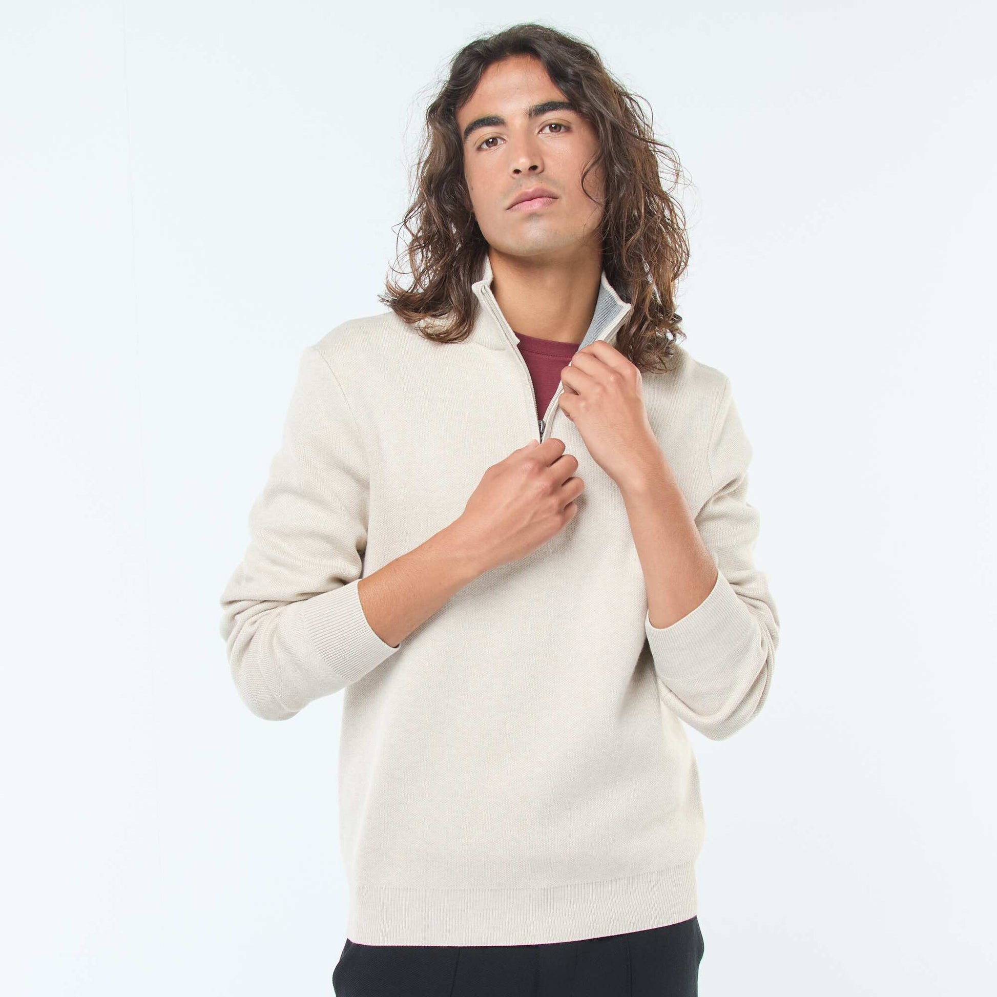 Pull col camionneur zippé en maille BEIGE