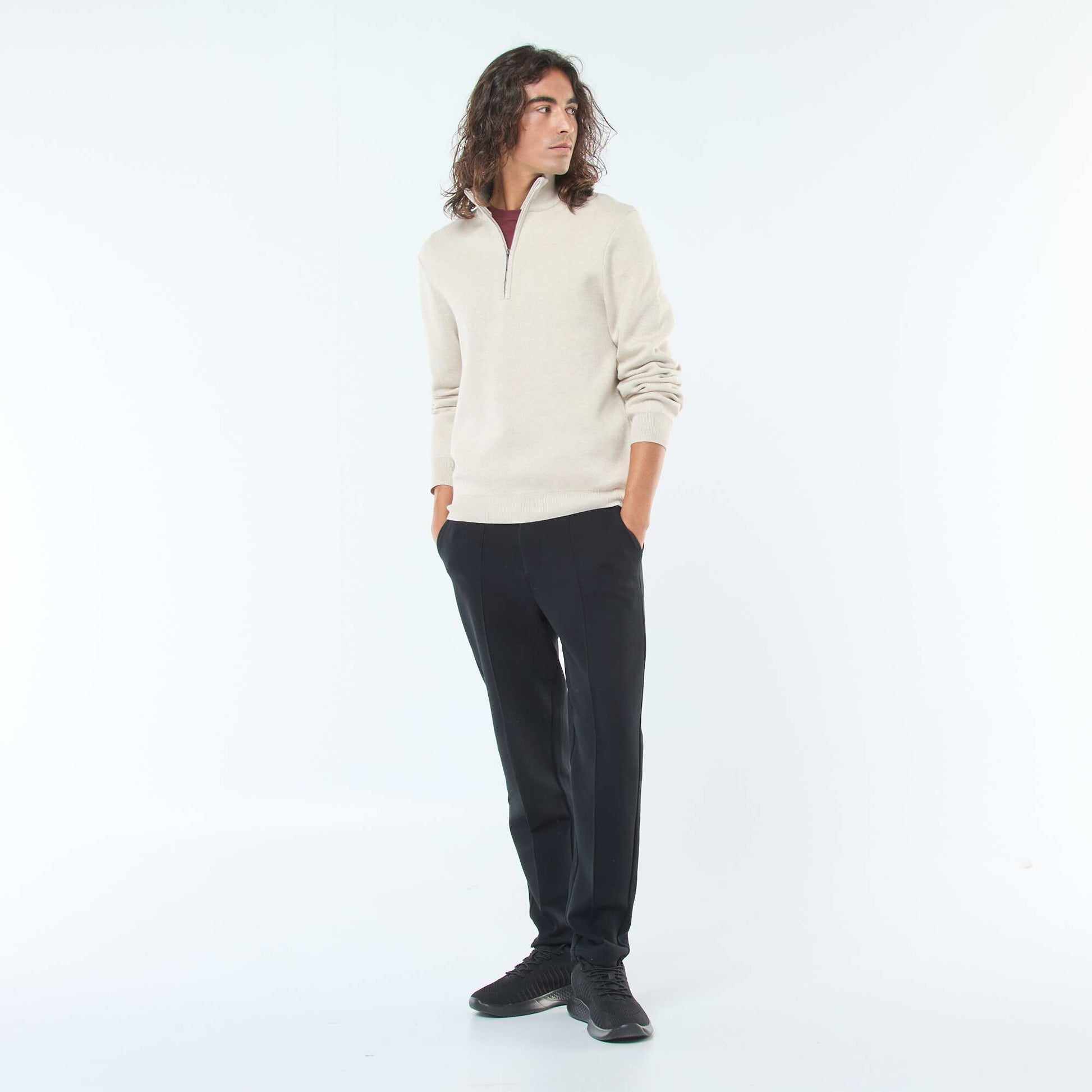 Pull col camionneur zippé en maille BEIGE