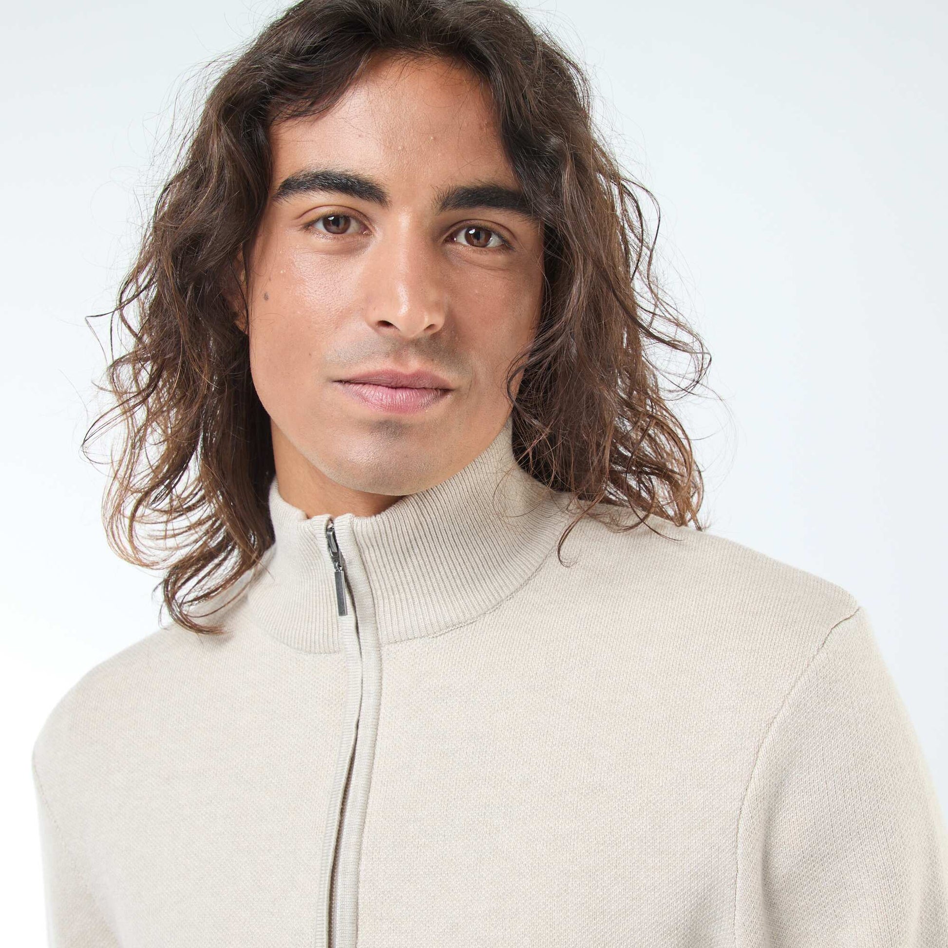 Pull col camionneur zippé en maille BEIGE