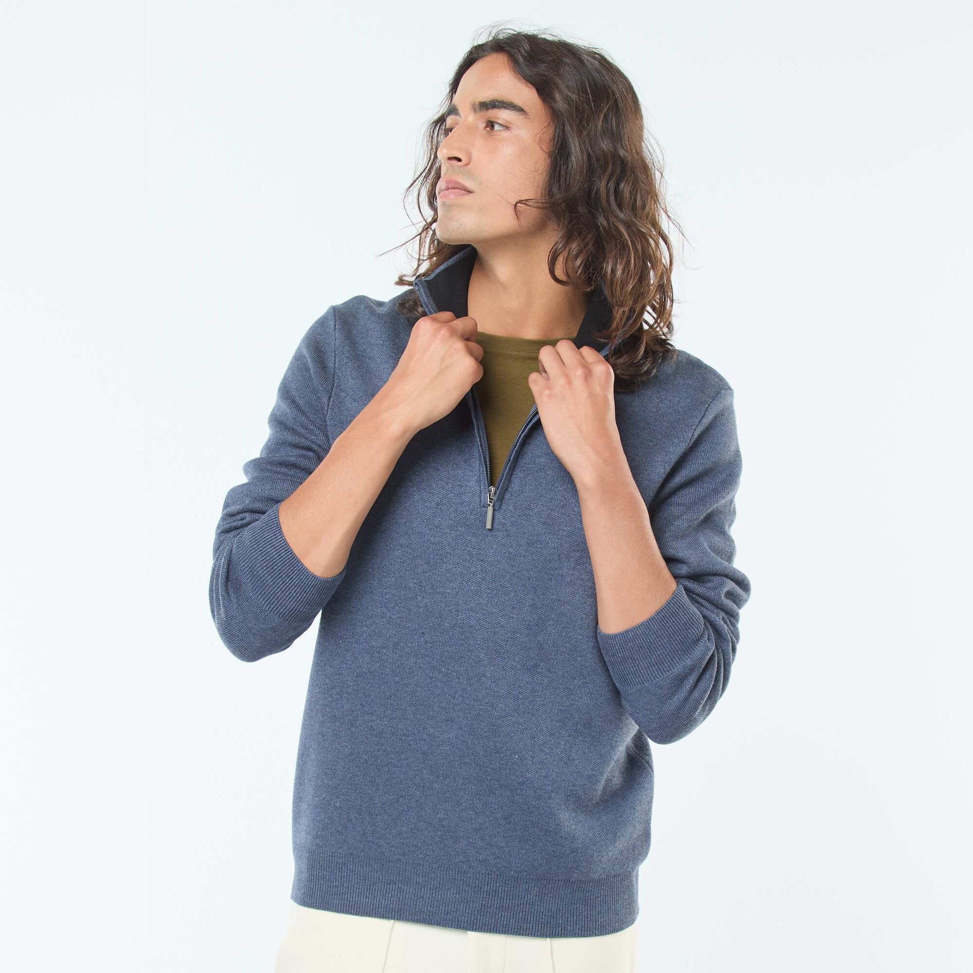 Pull col camionneur zippé en maille BLEU