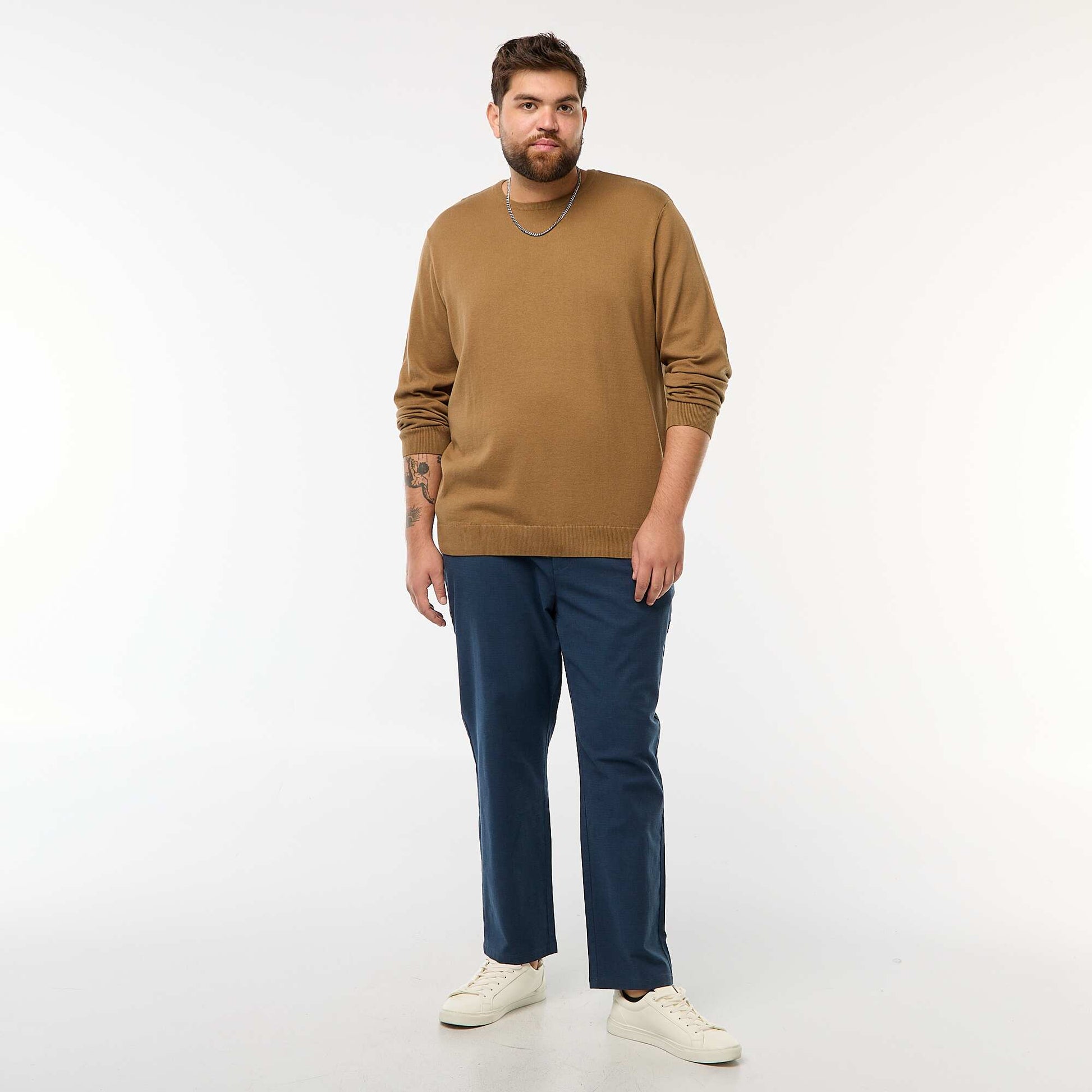 Pull en maille uni col rond MARRON
