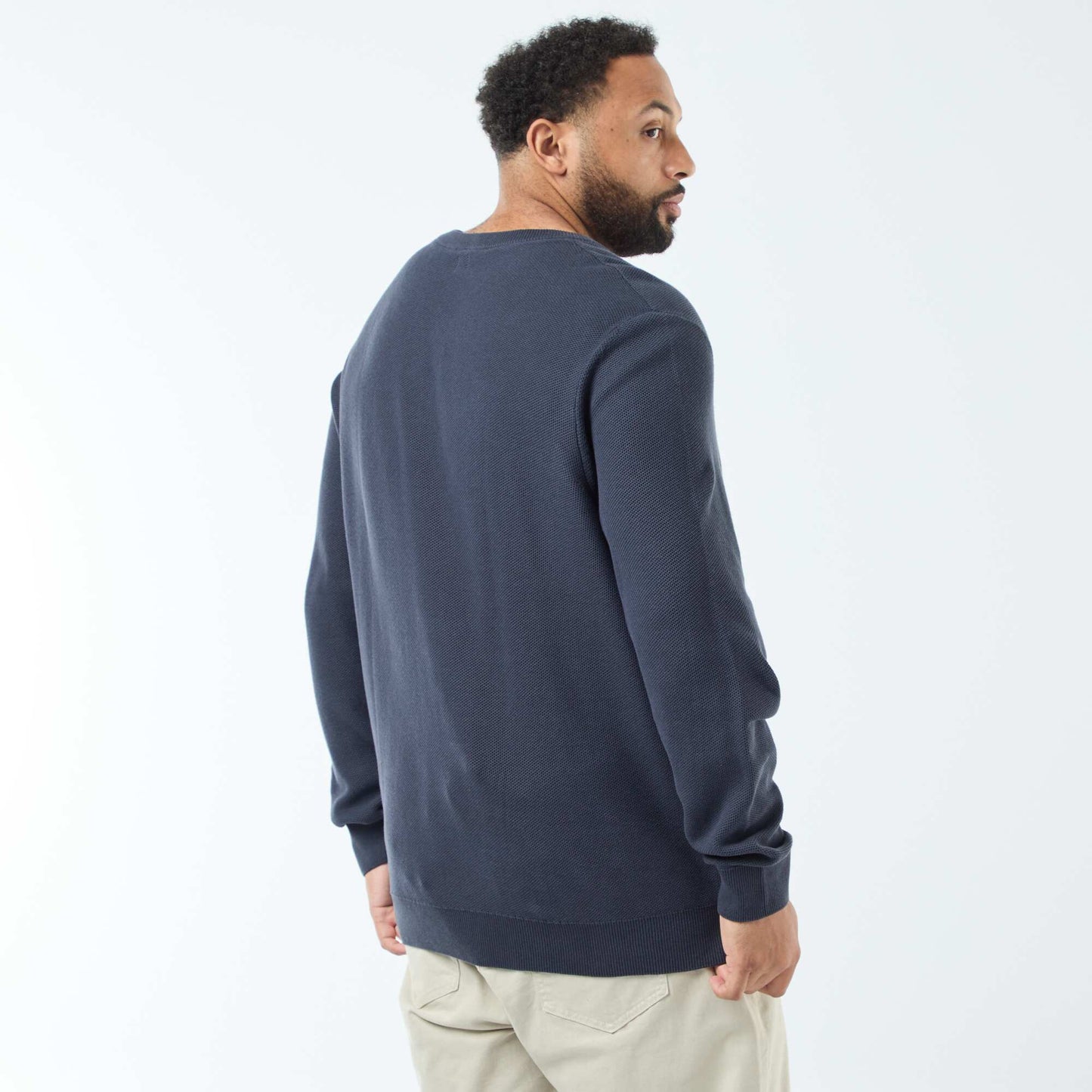 Pull en maille piquée avec col rond boutonné BLEU