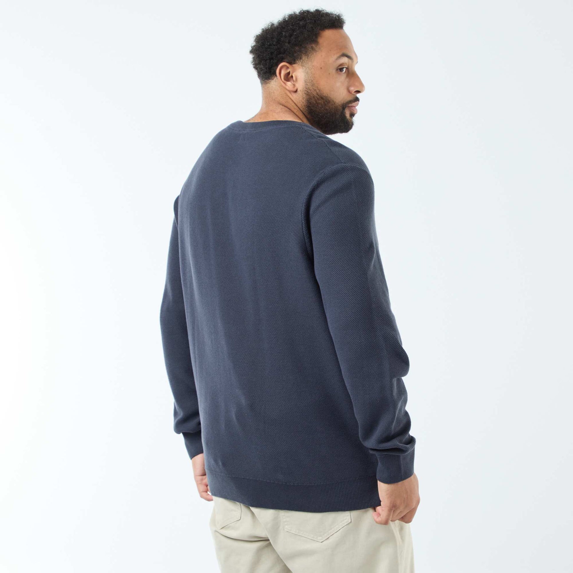 Pull en maille piquée avec col rond boutonné BLEU