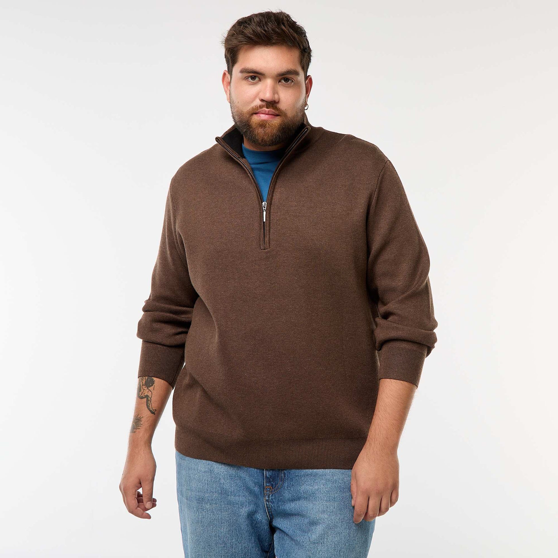 Sweat uni avec col montant zippé façon camionneur MARRON