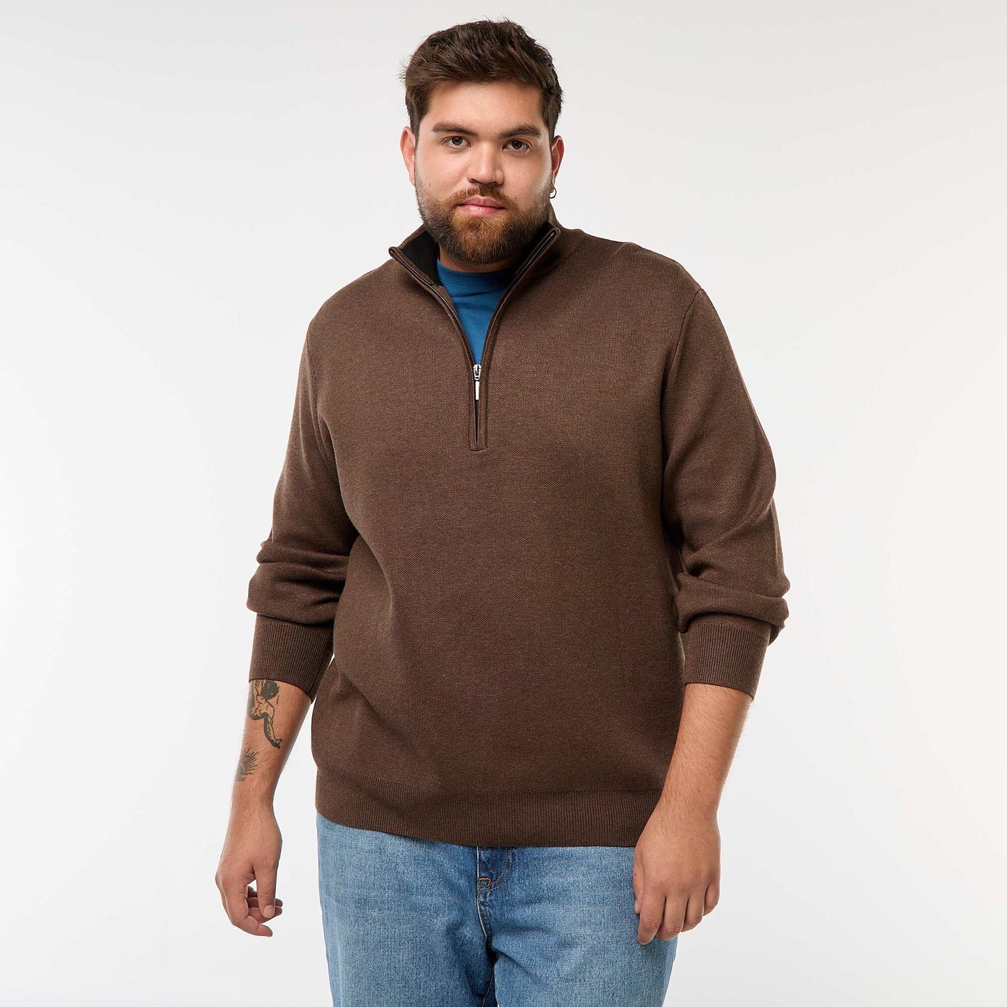 Sweat uni avec col montant zippé façon camionneur MARRON