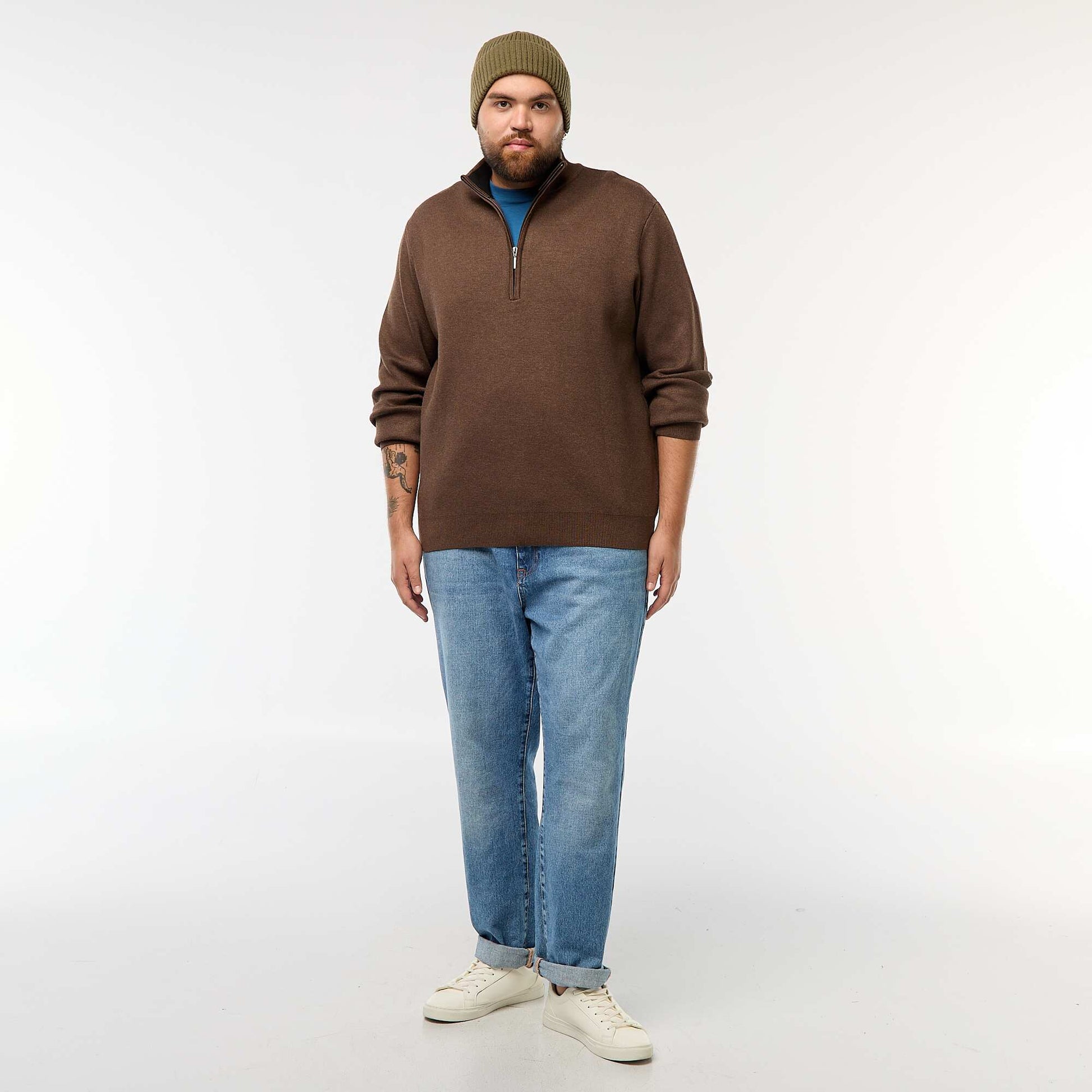Sweat uni avec col montant zippé façon camionneur MARRON