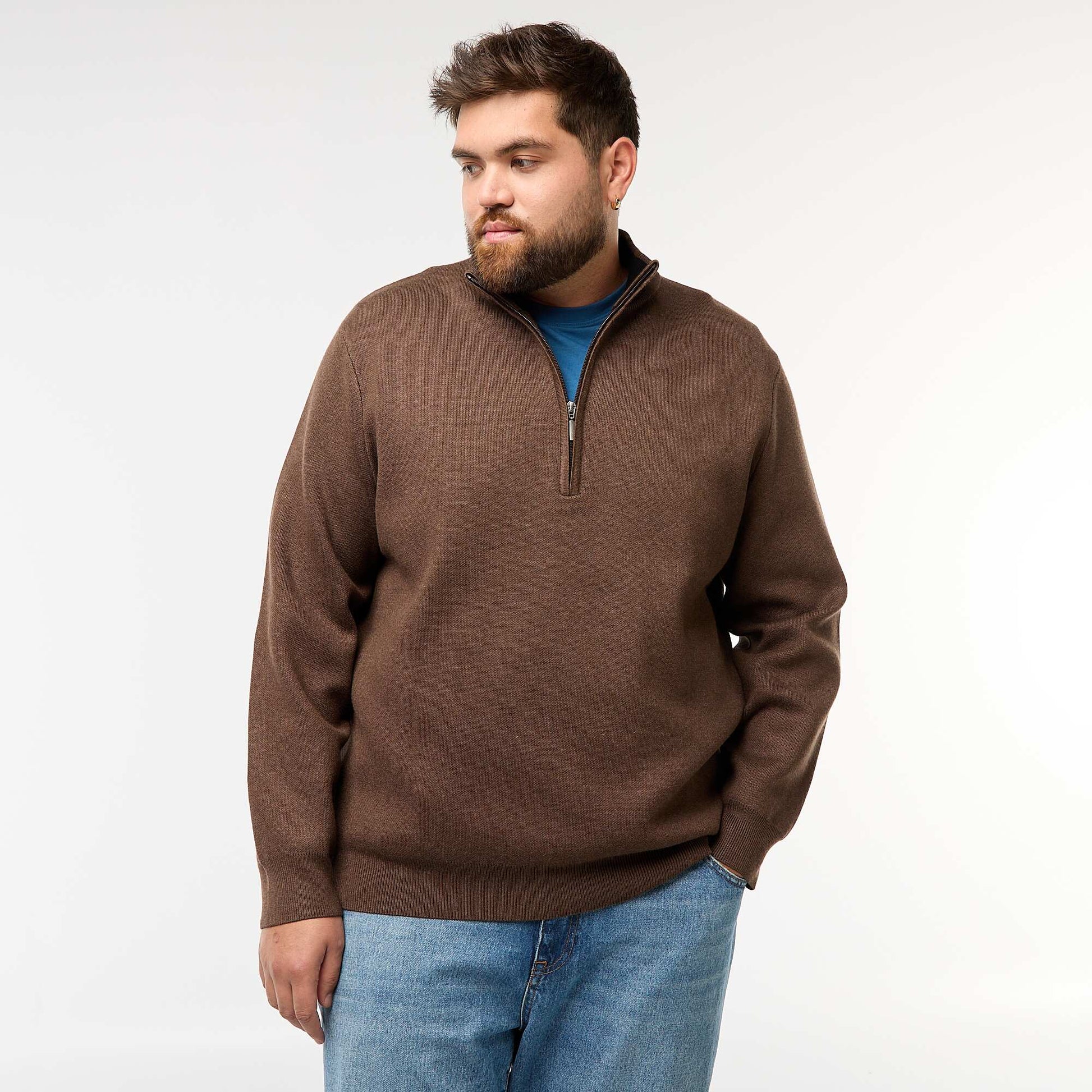 Sweat uni avec col montant zippé façon camionneur MARRON
