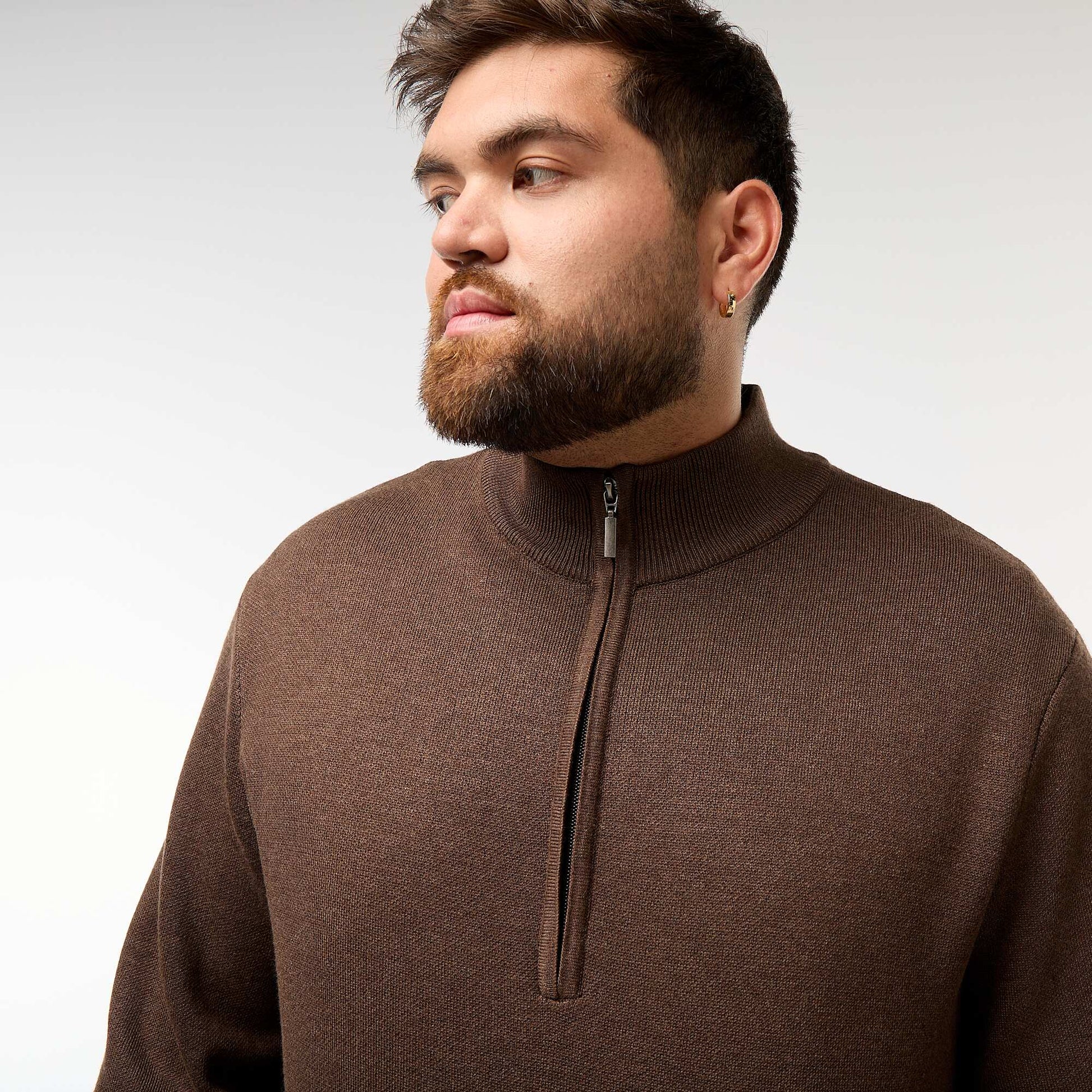 Sweat uni avec col montant zippé façon camionneur MARRON