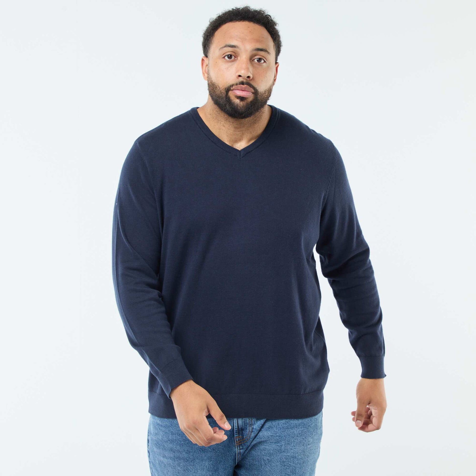 Pull col V en maille fine jauge BLEU MARINE