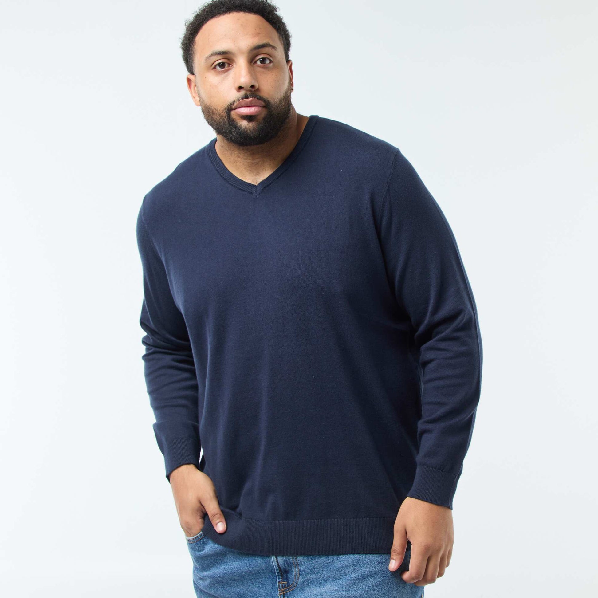 Pull col V en maille fine jauge BLEU MARINE