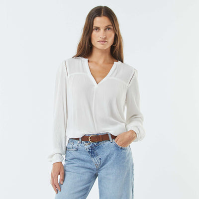 Blouse maille crêpe avec bord ajouré BLANC