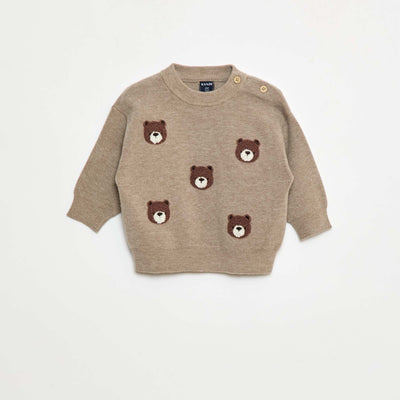 Pull à col rond en maille avec broderies BEIGE