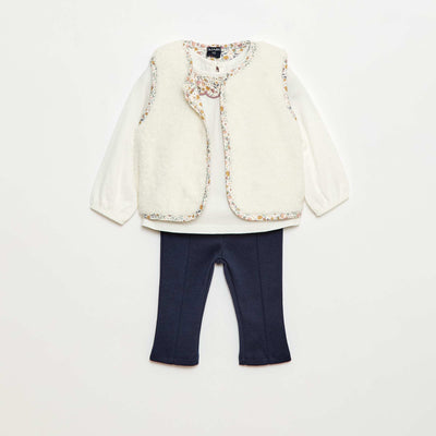 Ensemble gilet effet moutonné + t-shirt + legging - 3 pièces BLANC