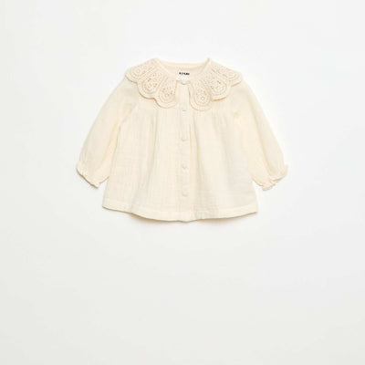 Blouse avec col crochet en gaze de coton uni BLANC