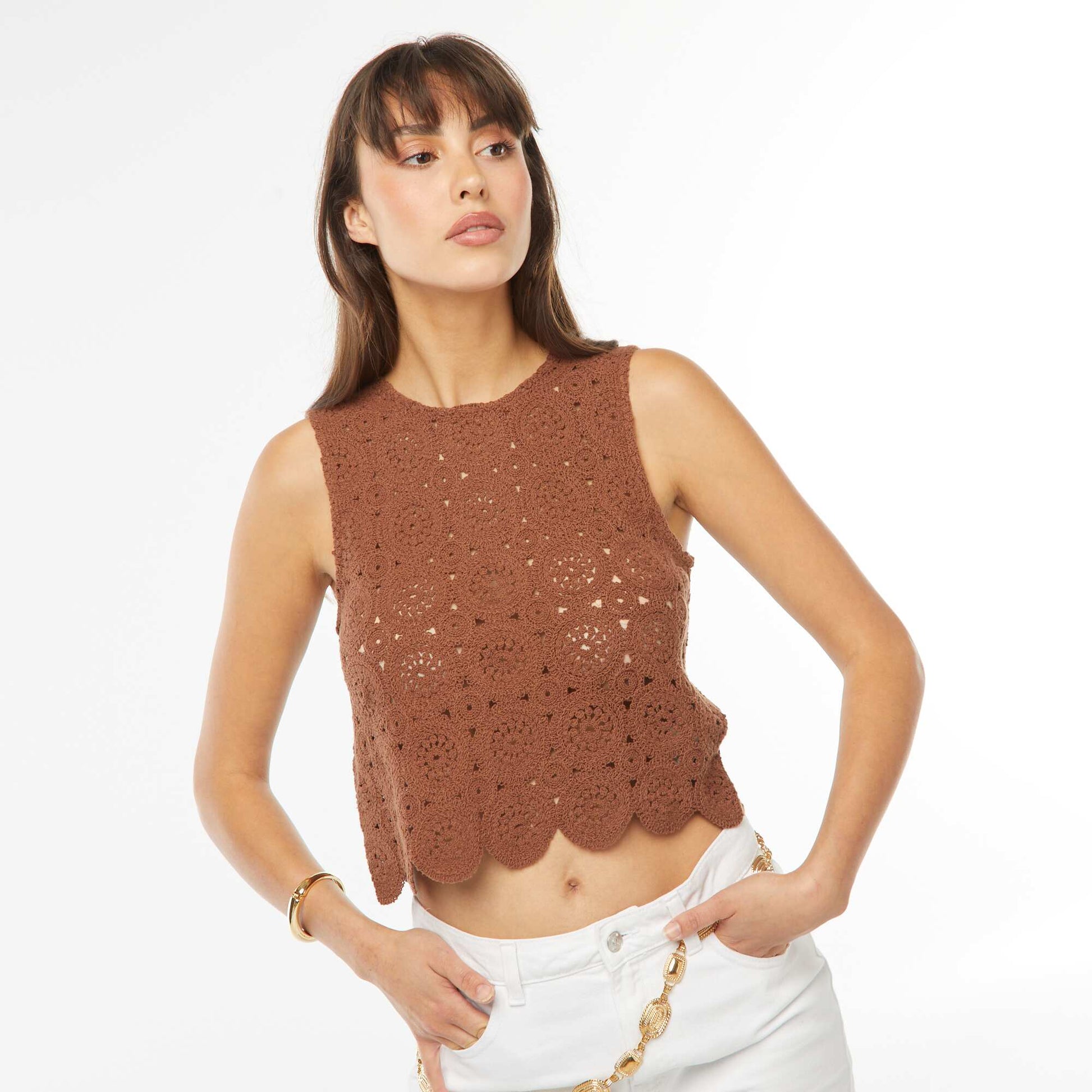 Débardeur en macramé à emmanchures américaines MARRON