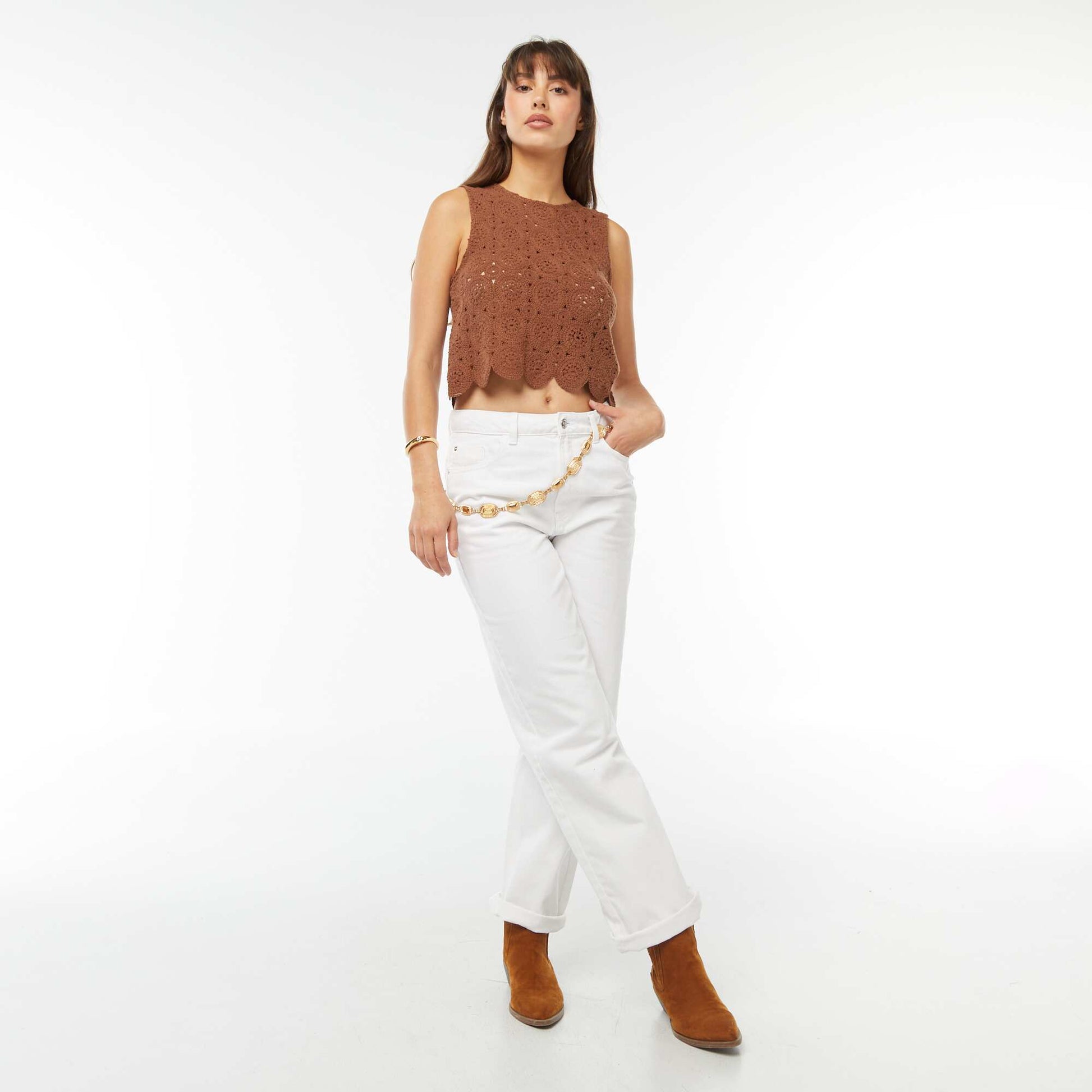 Débardeur en macramé à emmanchures américaines MARRON