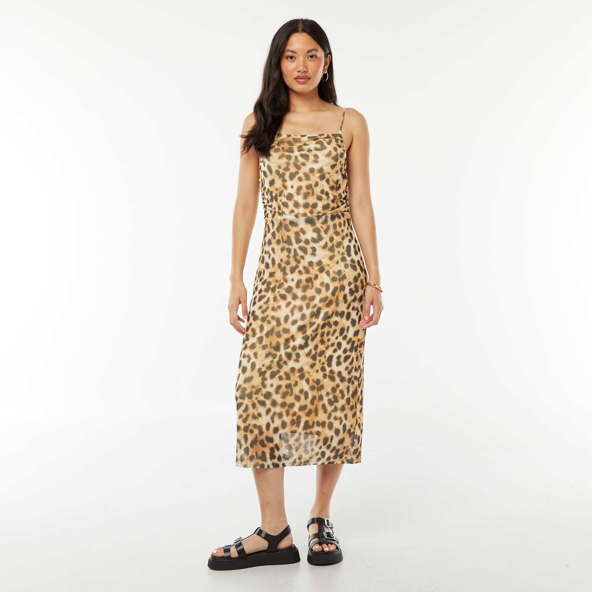 Robe midi en mesh imprimé léopard col bénitier MARRON