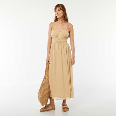 Robe midi smockée à fines bretelles BEIGE