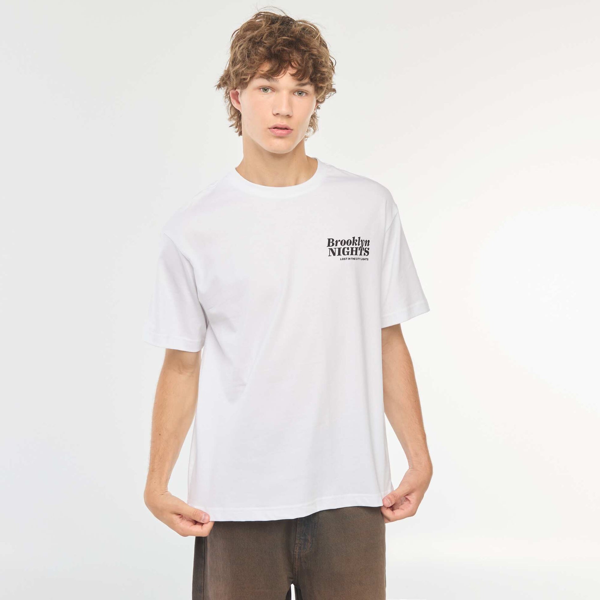 T-shirt uni imprimé recto/verso à manches longues BLANC