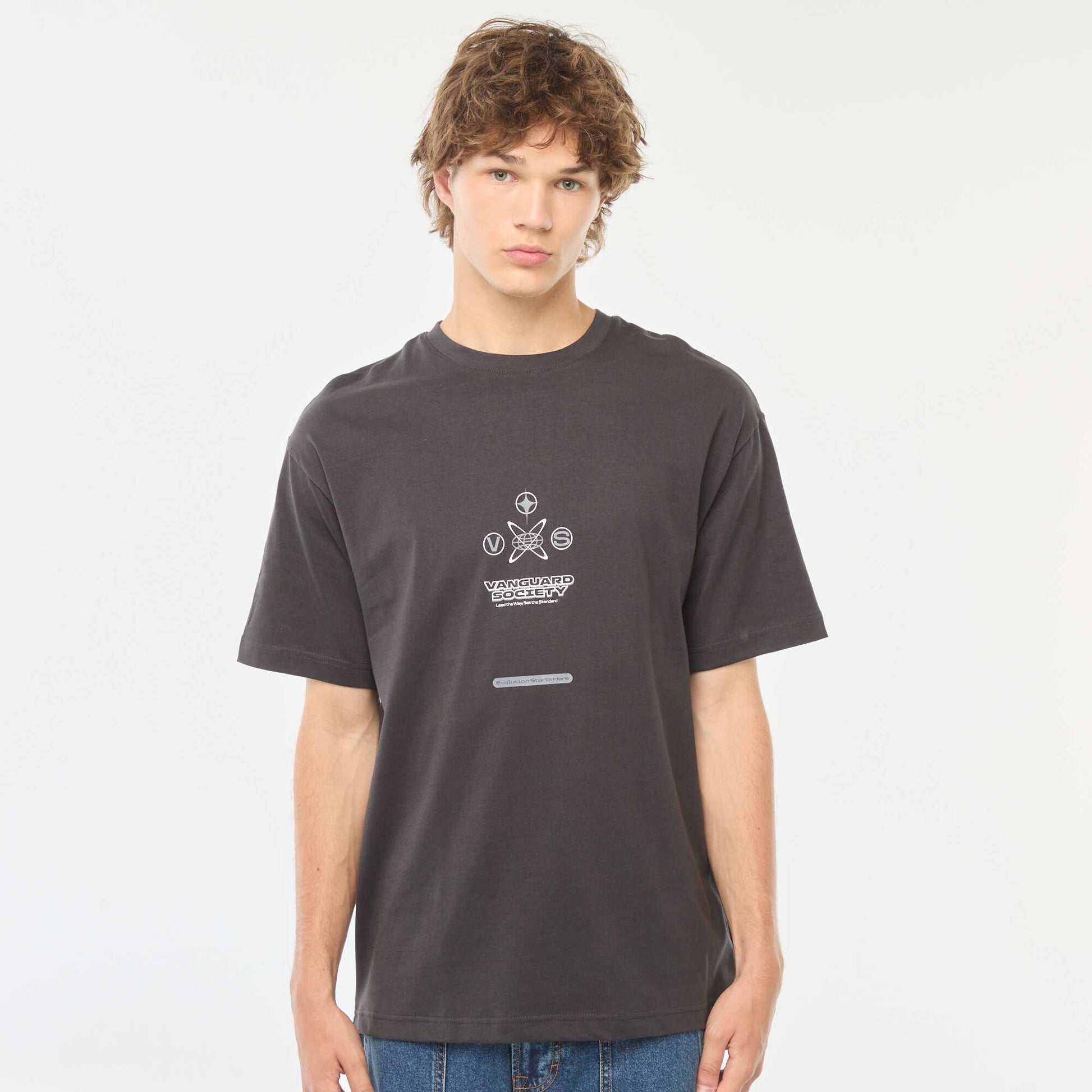 T-shirt uni imprimé recto/verso à manches longues GRIS
