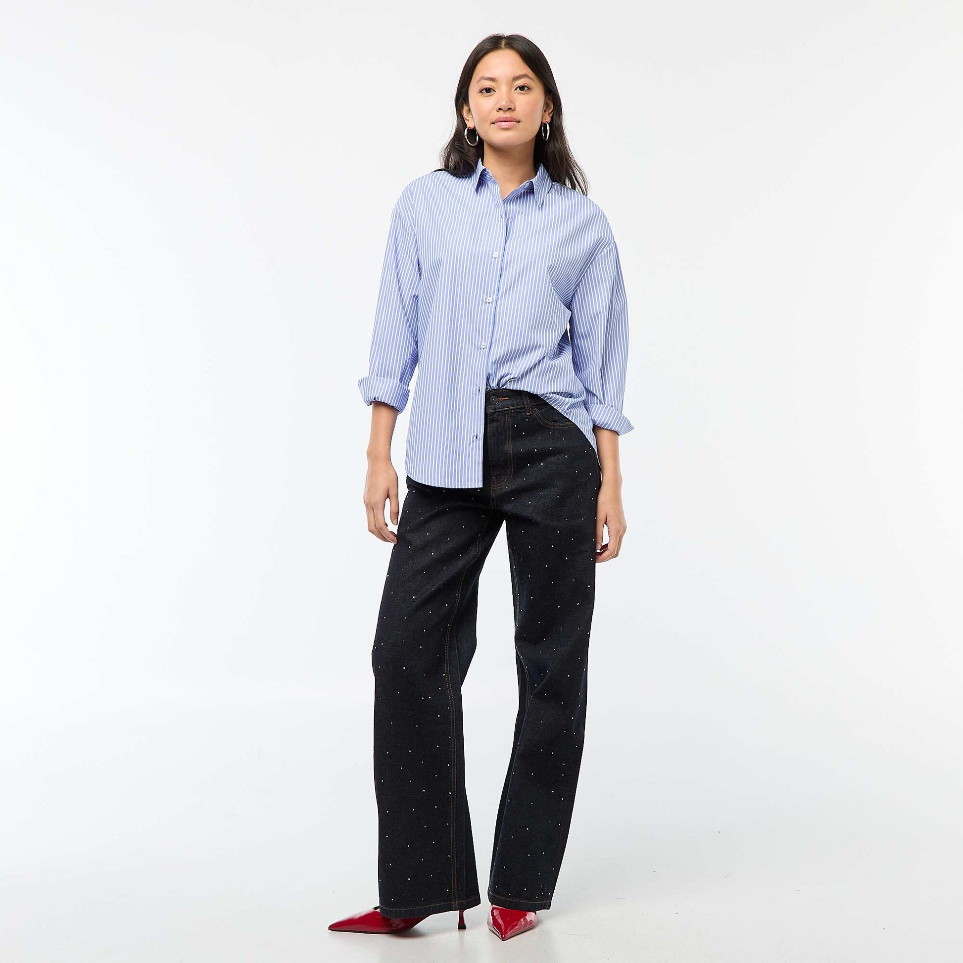 Pantalon denim straight avec strass BLEU