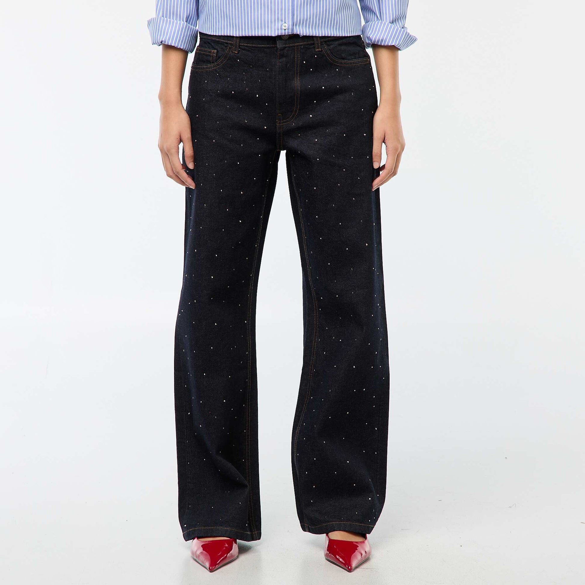 Pantalon denim straight avec strass BLEU