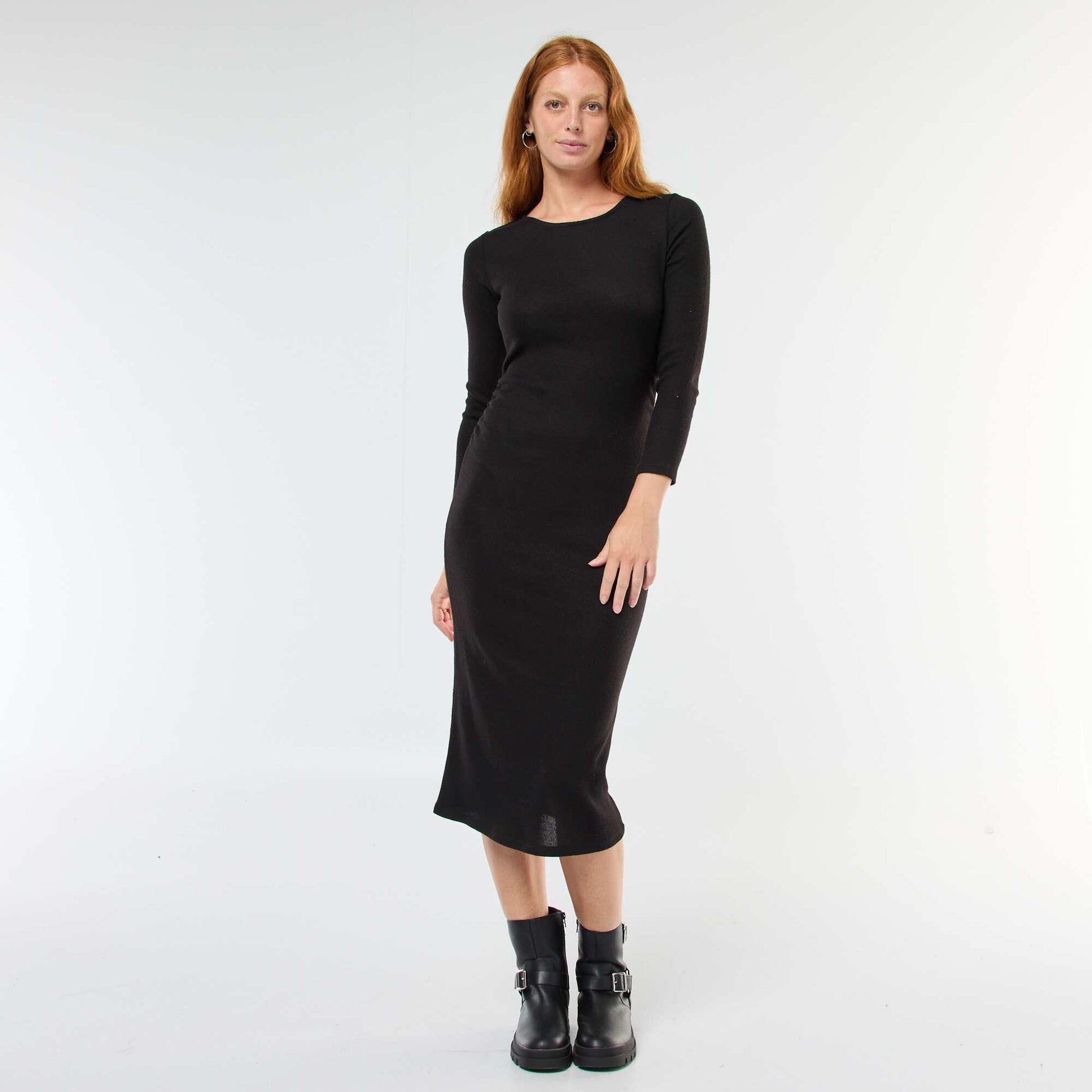 Robe longue en maille doudou à manches longues NOIR