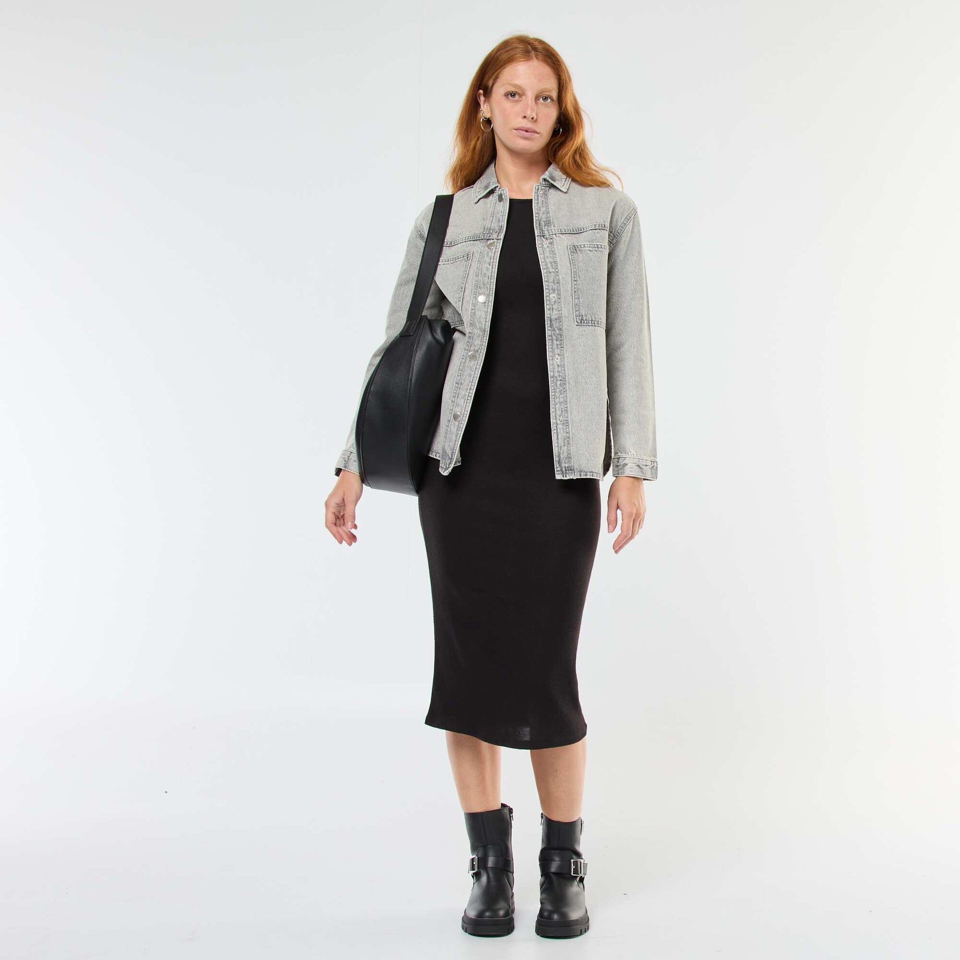 Robe longue en maille doudou à manches longues NOIR