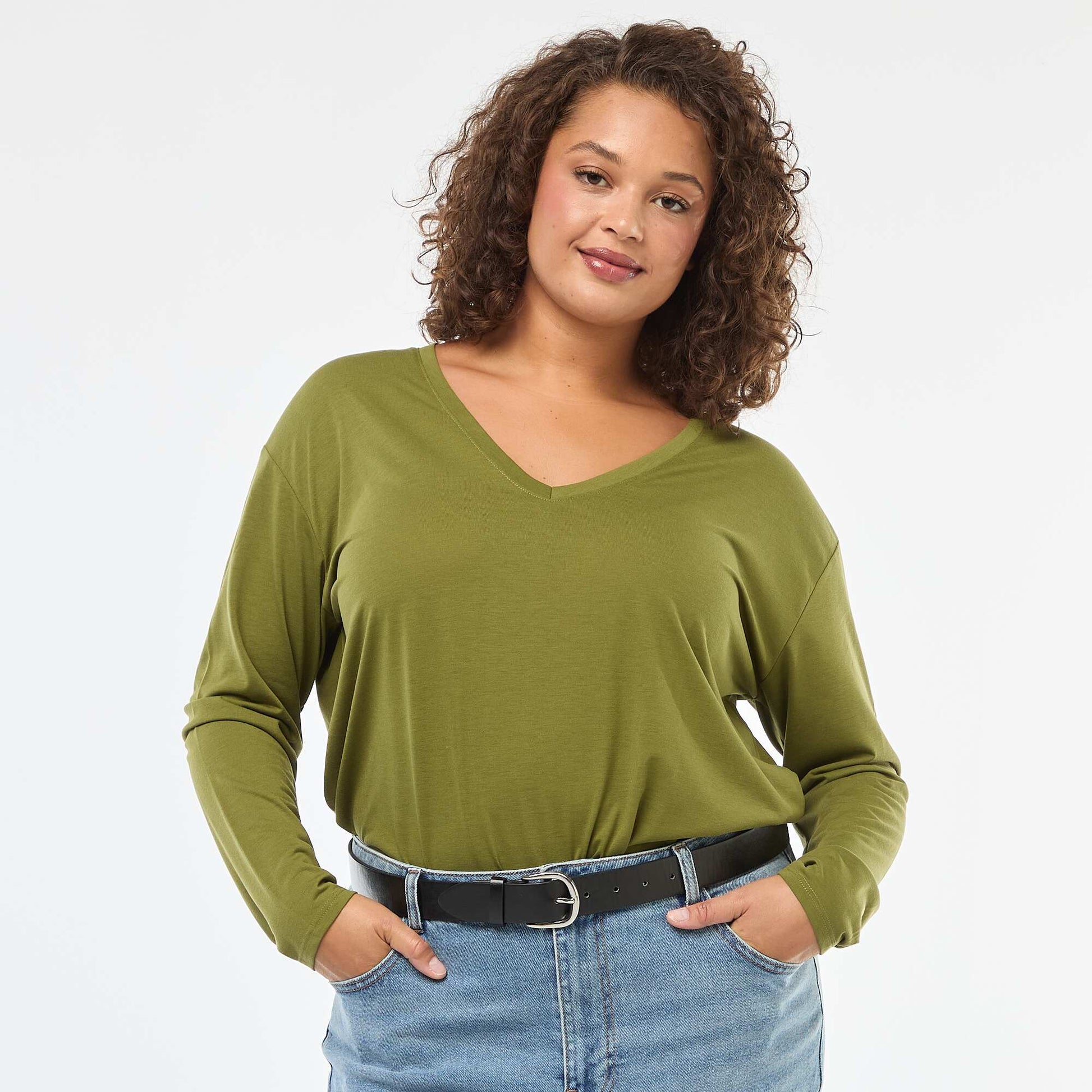 Tee-shirt basique col V et manches 3/4 KAKI