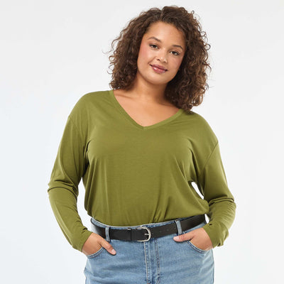 Tee-shirt basique col V et manches 3/4 KAKI