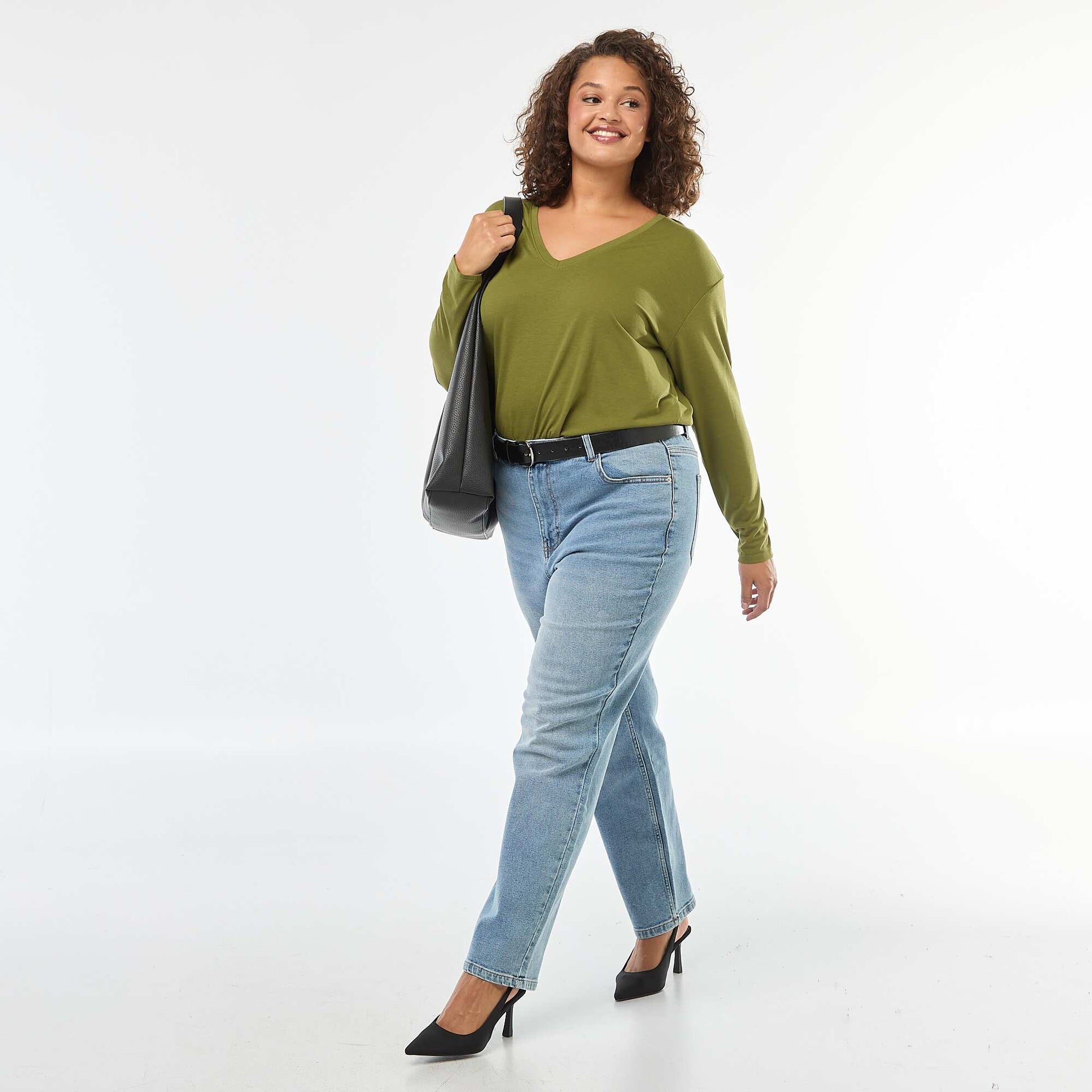 Tee-shirt basique col V et manches 3/4 KAKI