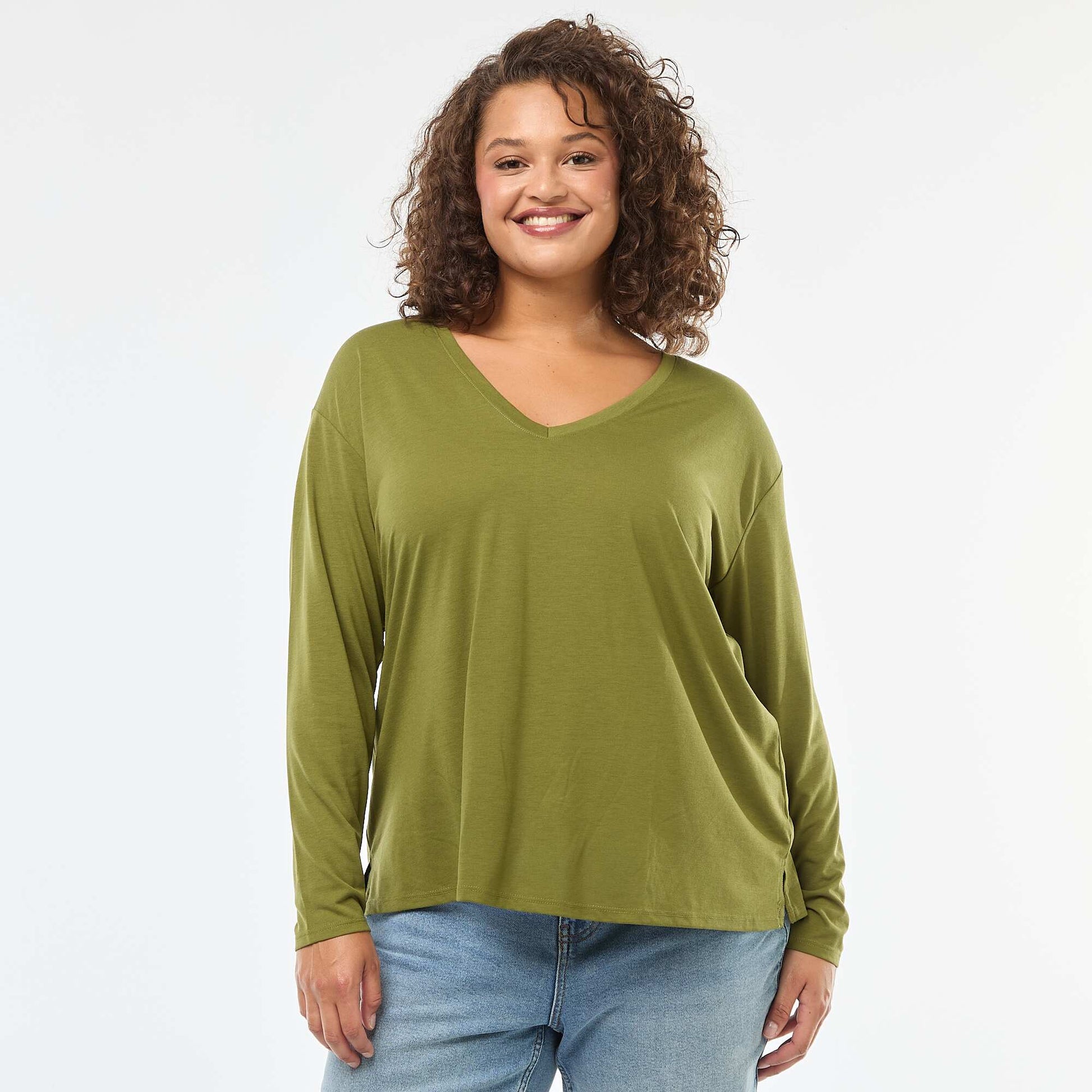 Tee-shirt basique col V et manches 3/4 KAKI